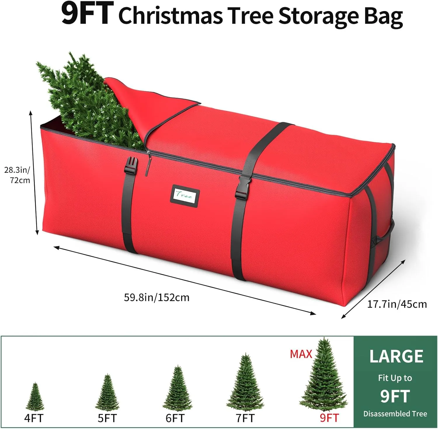 Christmas Tree Storage Bag, Fits Up to 9 Ft Artificial Christmas Tree with Buckle Straps & Dual Zippers & Handles, 600D PVC Durable Waterproof Material Protects from Dust.(Red)