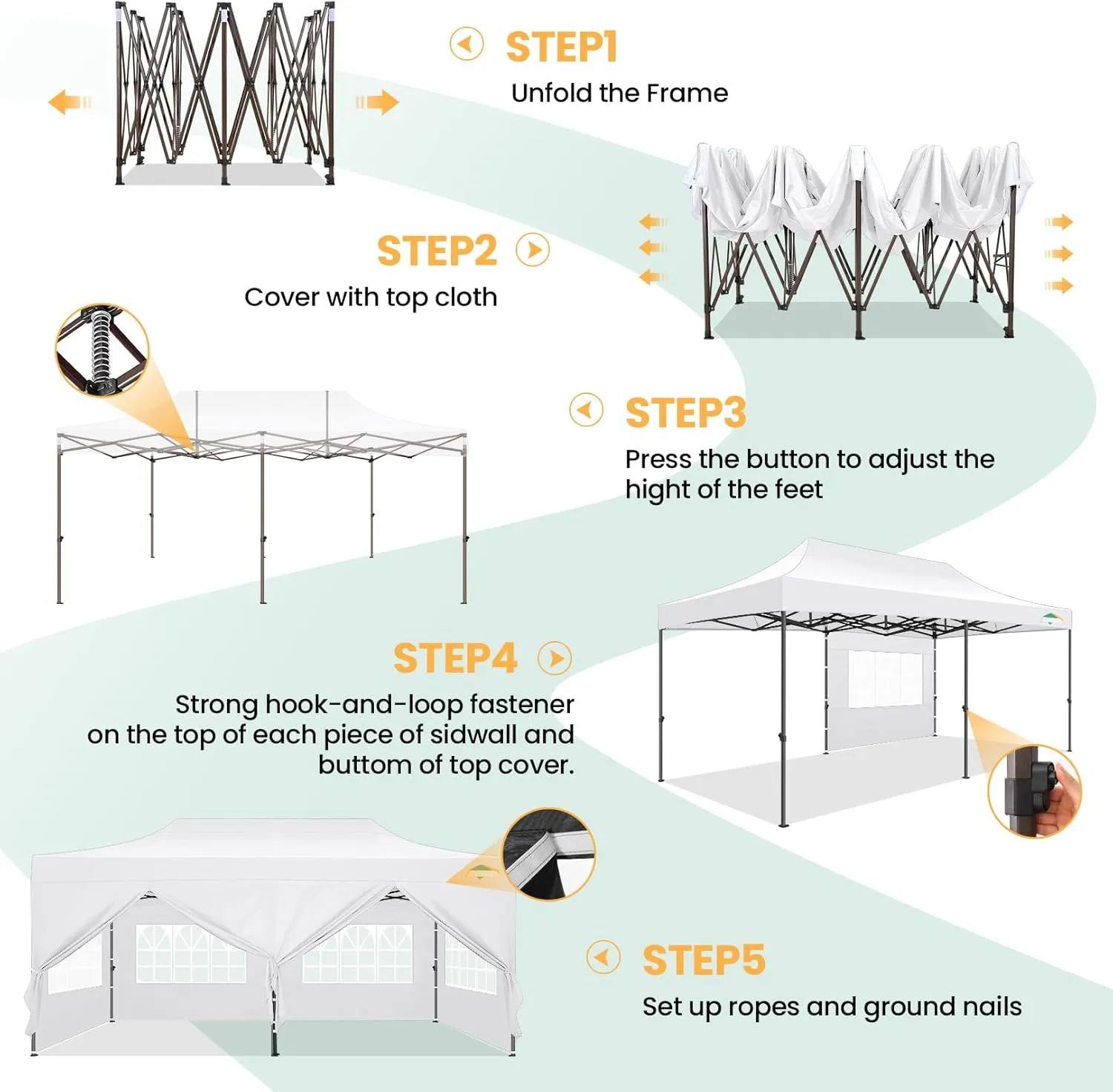 COBIZI 10x20 Pop Up Heavy Duty Canopy with 6 Sidewalls and Hexagonal Legs, Easy up Tent for Parties, Commercial and Wedding, Outdoor Canopy with Roller Bag, Sand Bags, Waterproof & UPF50  (White)
