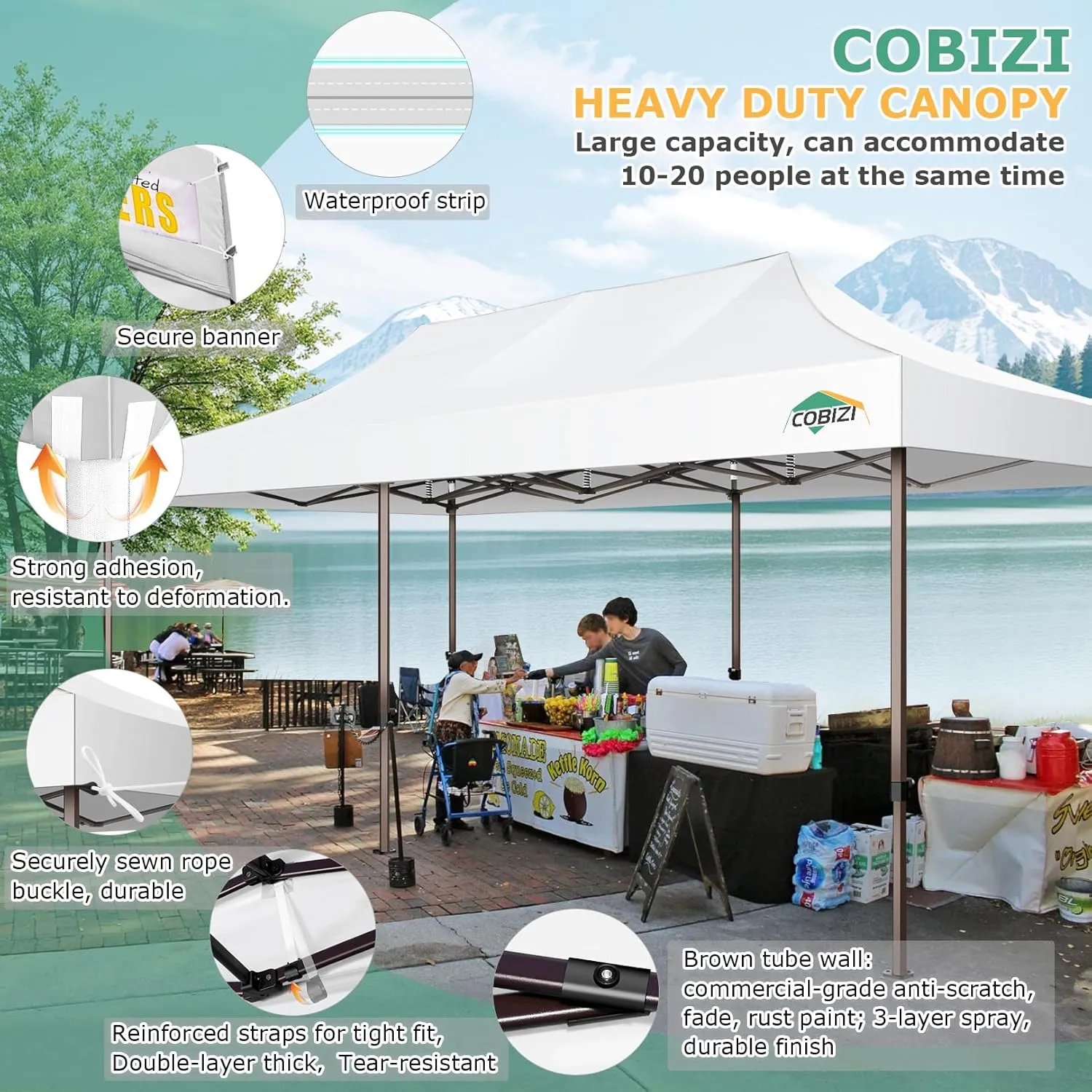 COBIZI 10x20 Pop Up Heavy Duty Canopy with 6 Sidewalls and Hexagonal Legs, Easy up Tent for Parties, Commercial and Wedding, Outdoor Canopy with Roller Bag, Sand Bags, Waterproof & UPF50  (White)