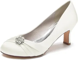 COMFASH Wedding Shoes Women Closed Toe Bridal Shoes High Slip on Satin Court Shoes Dress Evening Shoes for Women Bridal Bride 6.5Cm