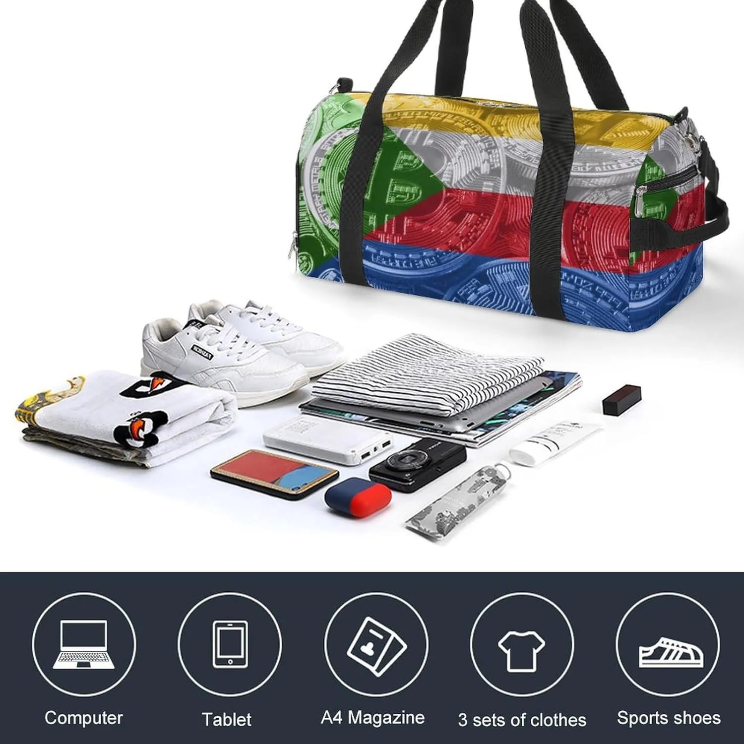 Comoros Flag Bitcoin Sports Duffel Bag with Wet Pocket and Shoe Compartment for Gym