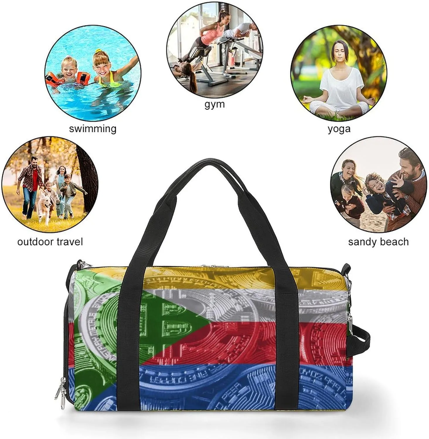 Comoros Flag Bitcoin Sports Duffel Bag with Wet Pocket and Shoe Compartment for Gym