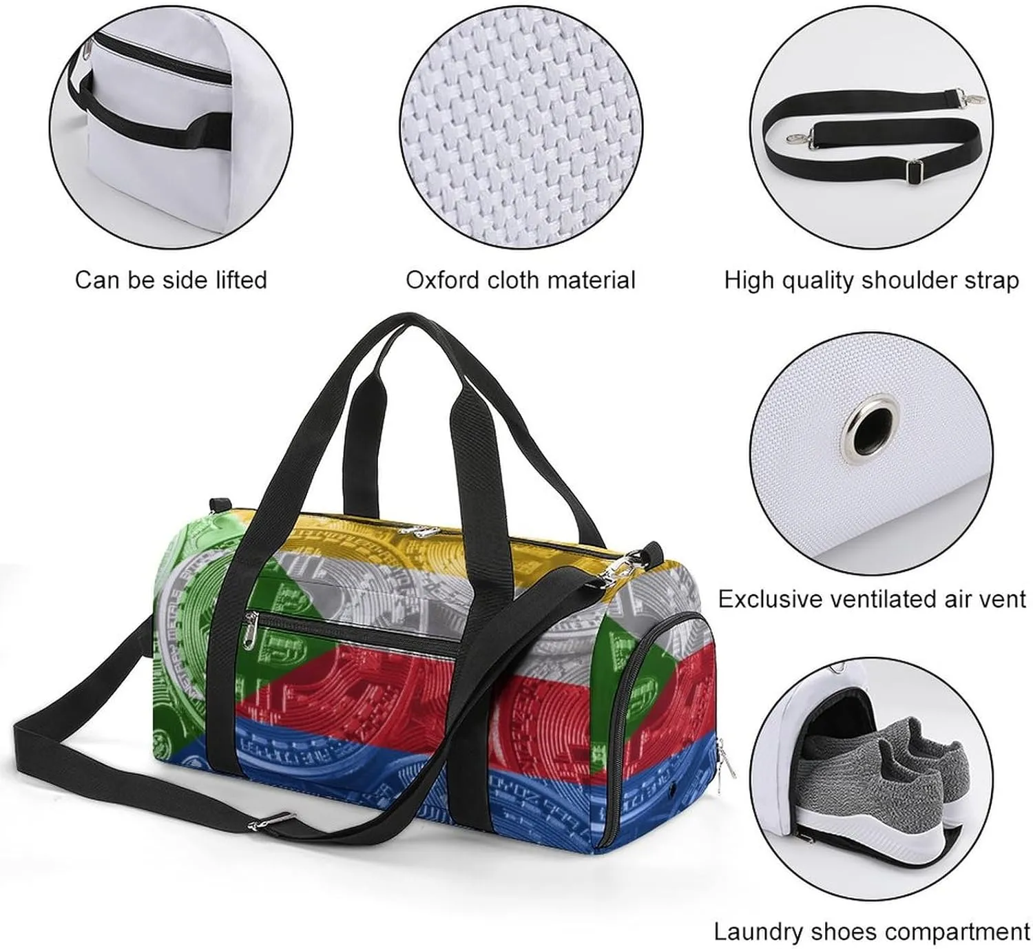 Comoros Flag Bitcoin Sports Duffel Bag with Wet Pocket and Shoe Compartment for Gym