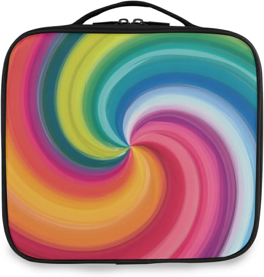 Concentric Rainbow, Spectrum Spirally Lines, Twisting Rotating lines Women's Portable Makeup Bags with Handle, Adjustable Dividers, Travel Cosmetic Toiletry Accessories Storage Organizer for Girls