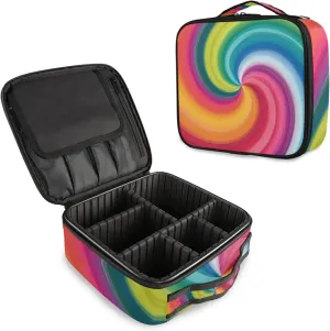 Concentric Rainbow, Spectrum Spirally Lines, Twisting Rotating lines Women's Portable Makeup Bags with Handle, Adjustable Dividers, Travel Cosmetic Toiletry Accessories Storage Organizer for Girls