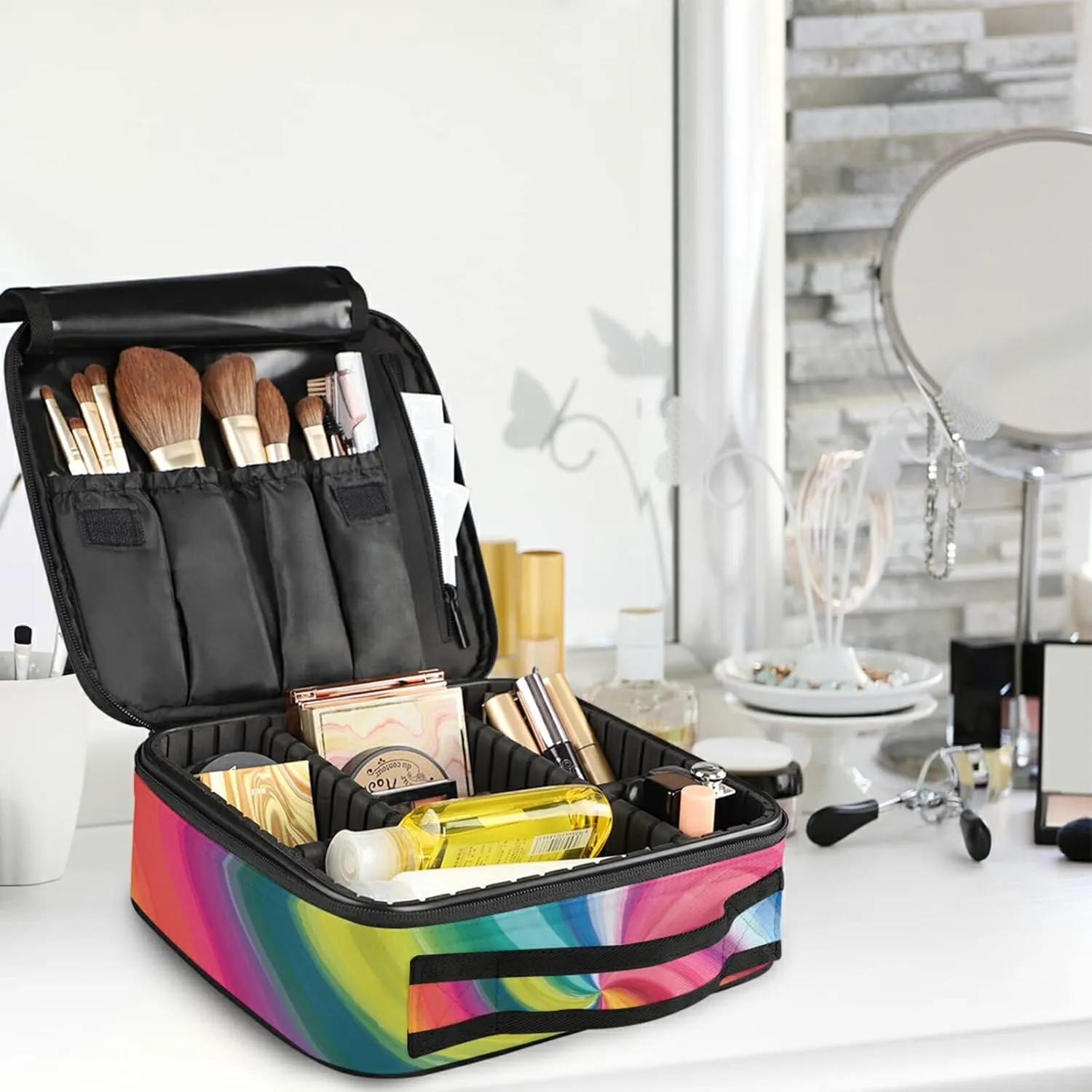 Concentric Rainbow, Spectrum Spirally Lines, Twisting Rotating lines Women's Portable Makeup Bags with Handle, Adjustable Dividers, Travel Cosmetic Toiletry Accessories Storage Organizer for Girls