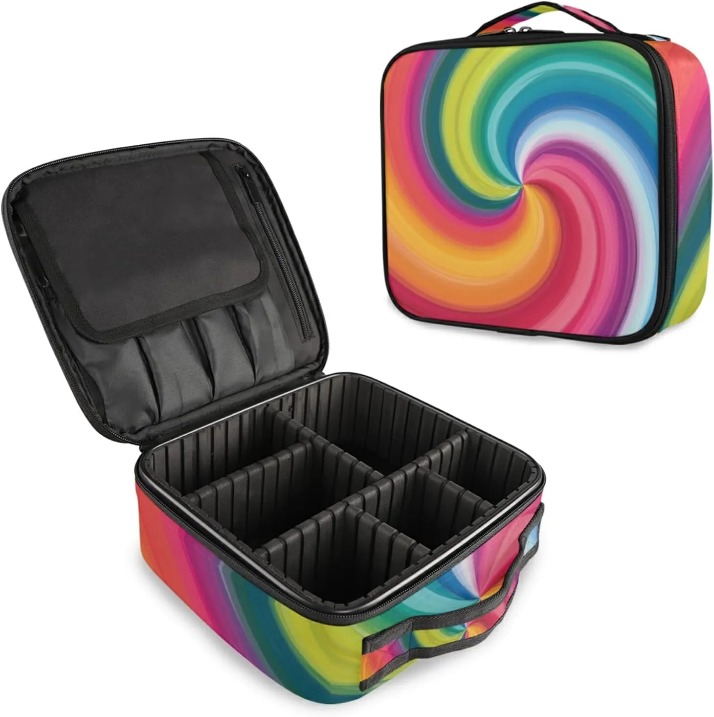 Concentric Rainbow, Spectrum Spirally Lines, Twisting Rotating lines Women's Portable Makeup Bags with Handle, Adjustable Dividers, Travel Cosmetic Toiletry Accessories Storage Organizer for Girls