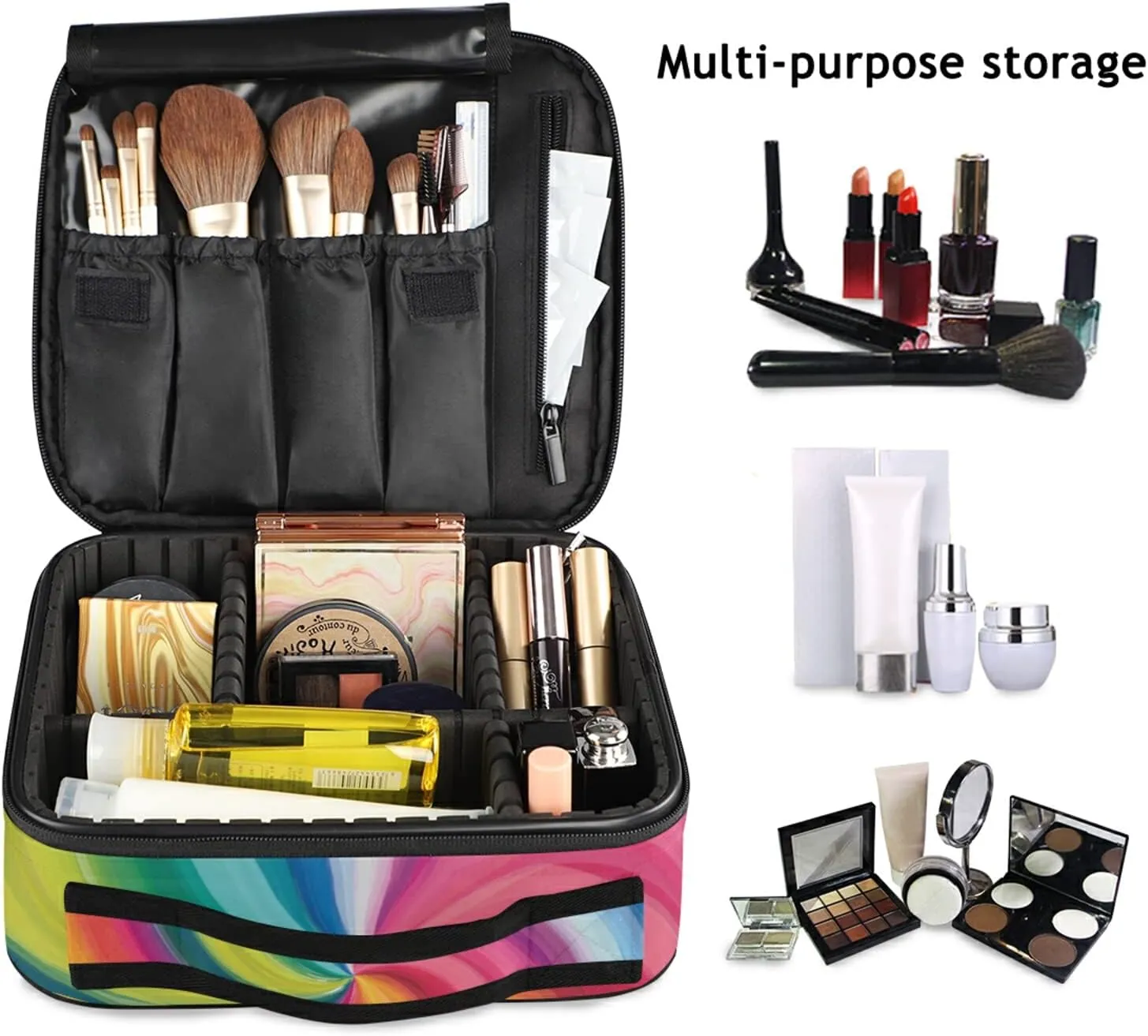 Concentric Rainbow, Spectrum Spirally Lines, Twisting Rotating lines Women's Portable Makeup Bags with Handle, Adjustable Dividers, Travel Cosmetic Toiletry Accessories Storage Organizer for Girls