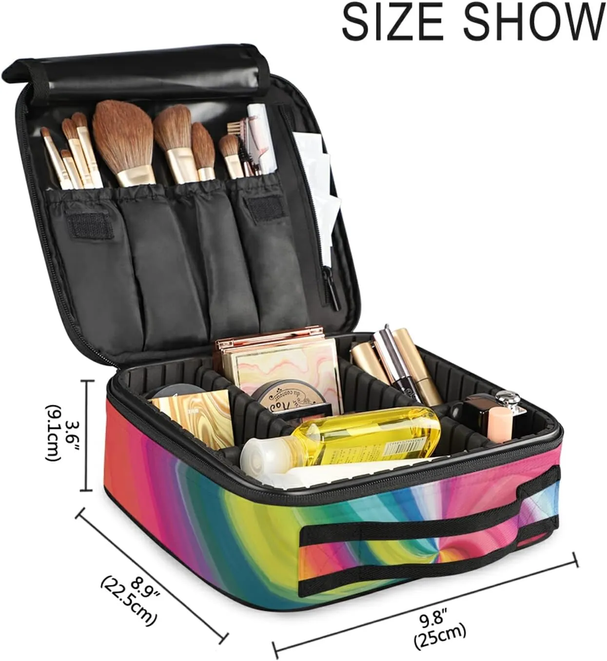Concentric Rainbow, Spectrum Spirally Lines, Twisting Rotating lines Women's Portable Makeup Bags with Handle, Adjustable Dividers, Travel Cosmetic Toiletry Accessories Storage Organizer for Girls