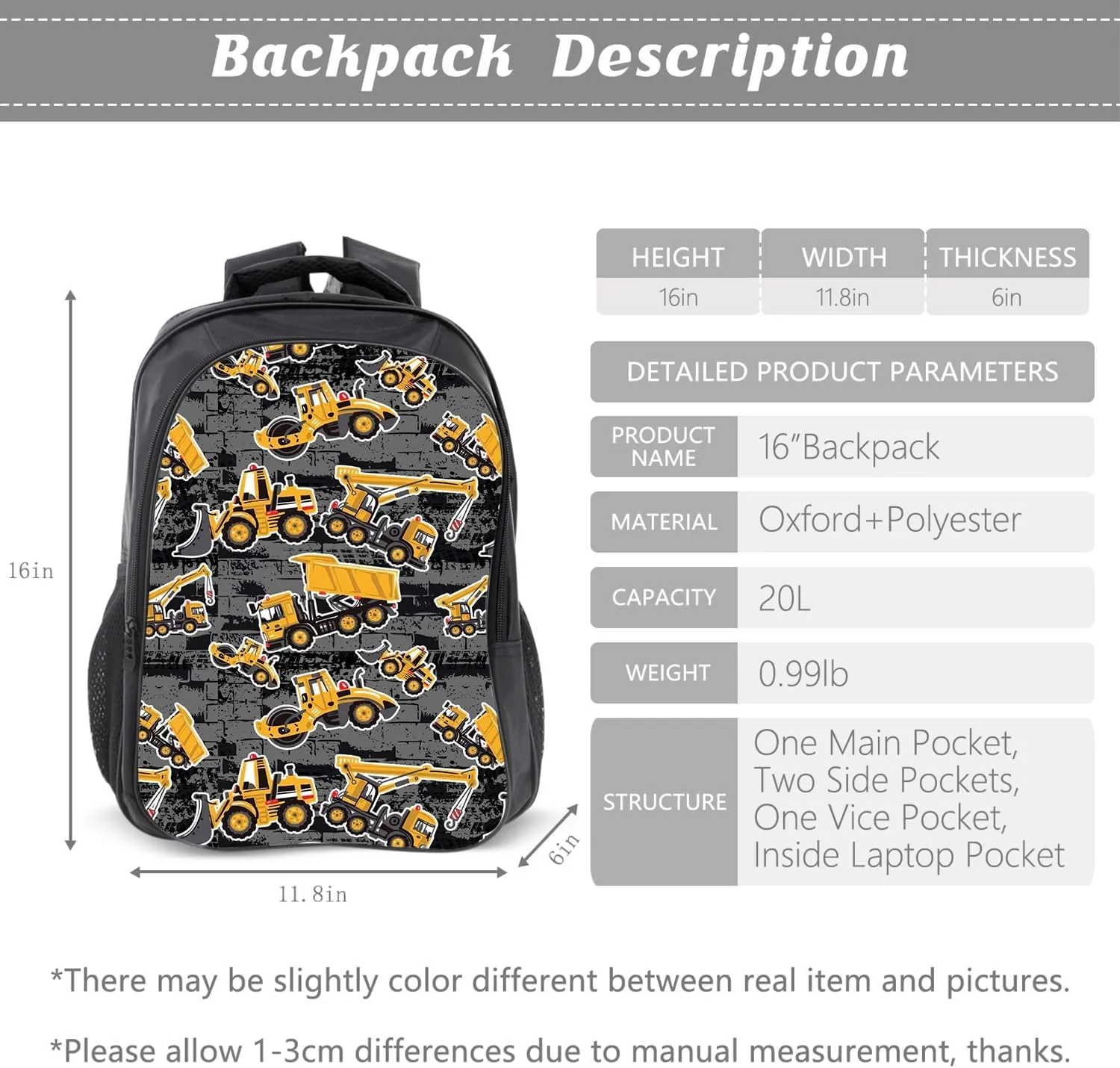 Construction Backpack Kids Excavator Bookbag 16inch Schoolbag With Lunch Box Bag And Pencil Case Set For Boys Girls