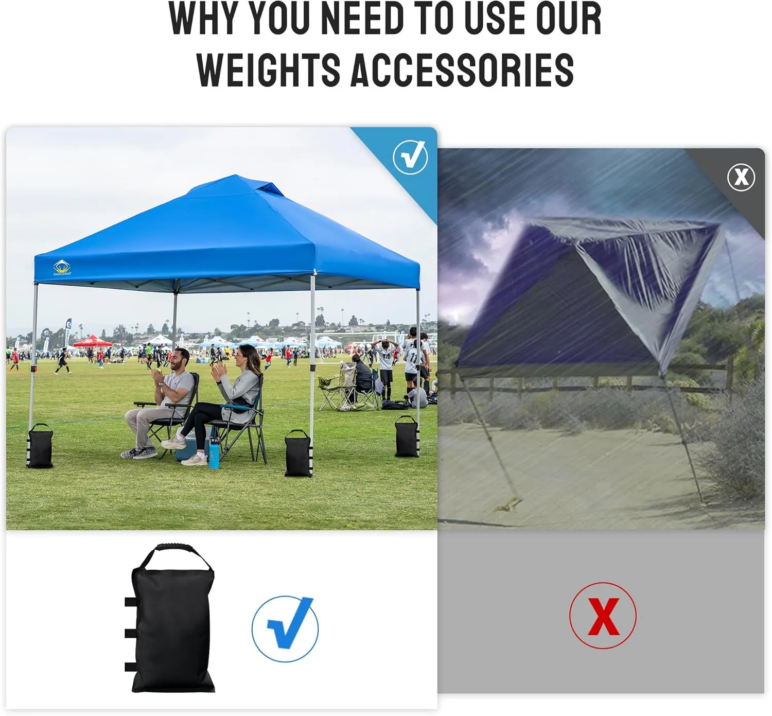 CROWN SHADES Sand Bags for Canopy Legs (112 LBS) Sandbags for Weight, Canopy Tent Weights, Pop Up Tent Weights Bags, Black (Unfilled)