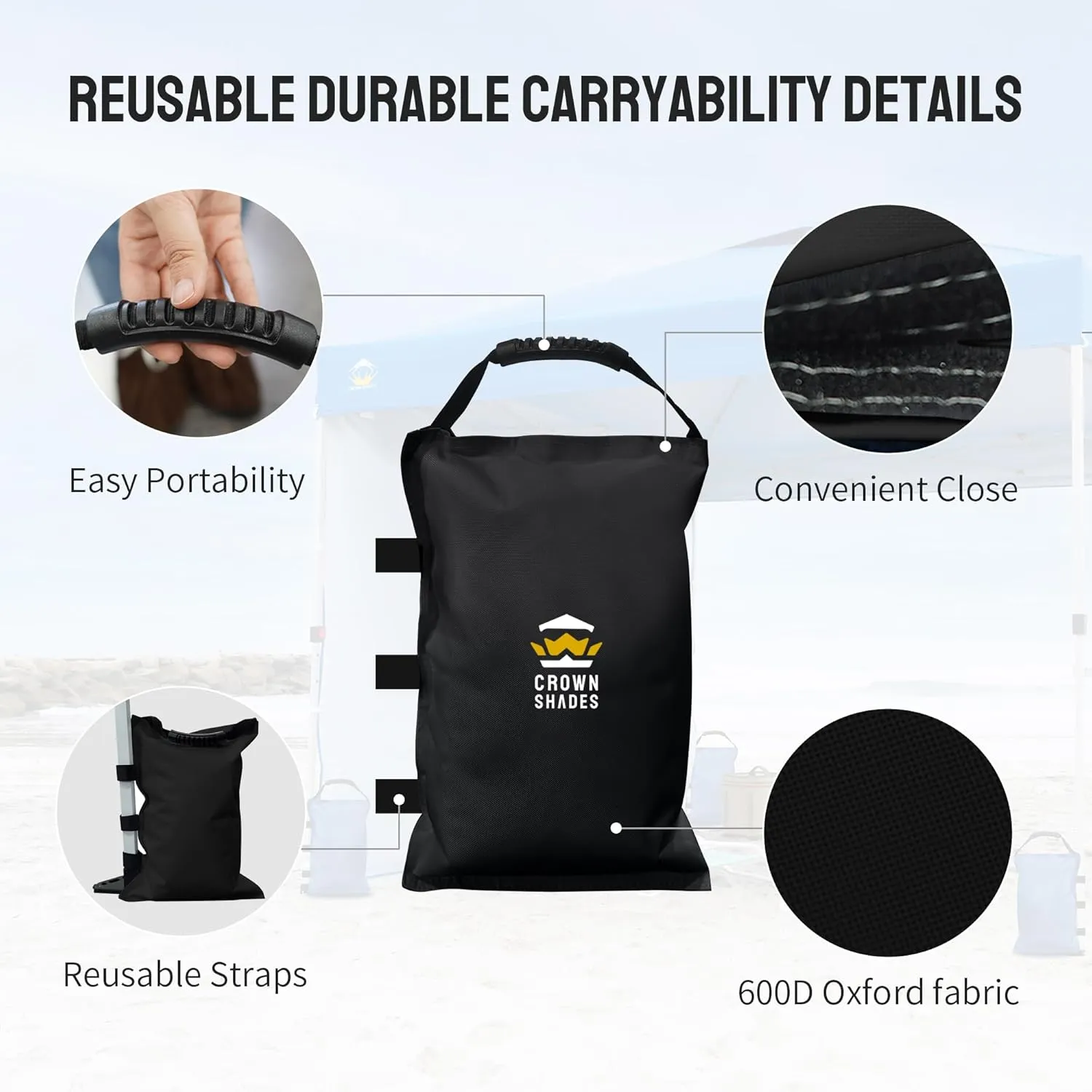 CROWN SHADES Sand Bags for Canopy Legs (112 LBS) Sandbags for Weight, Canopy Tent Weights, Pop Up Tent Weights Bags, Black (Unfilled)