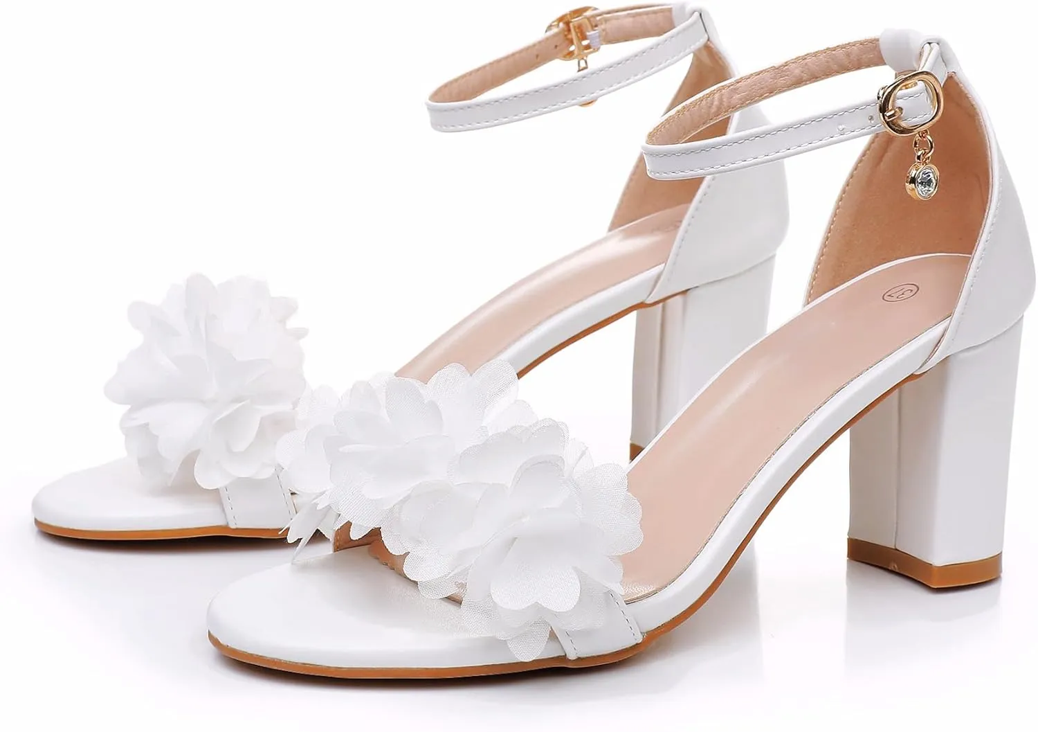 Crystal Queen 3 Inches Block Heel Sandals Chunky High Heels Sandals White Flowers Bridal Wedding Shoes White Ivory Wedding Sandals Pump Heels For Bride