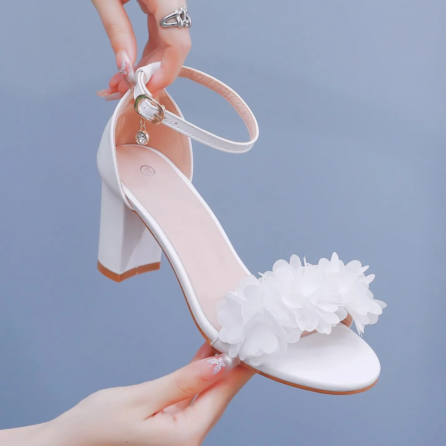 Crystal Queen 3 Inches Block Heel Sandals Chunky High Heels Sandals White Flowers Bridal Wedding Shoes White Ivory Wedding Sandals Pump Heels For Bride