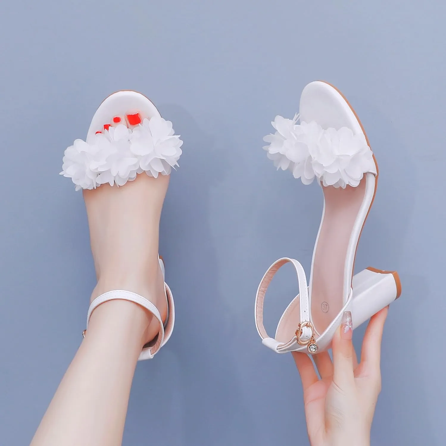 Crystal Queen 3 Inches Block Heel Sandals Chunky High Heels Sandals White Flowers Bridal Wedding Shoes White Ivory Wedding Sandals Pump Heels For Bride