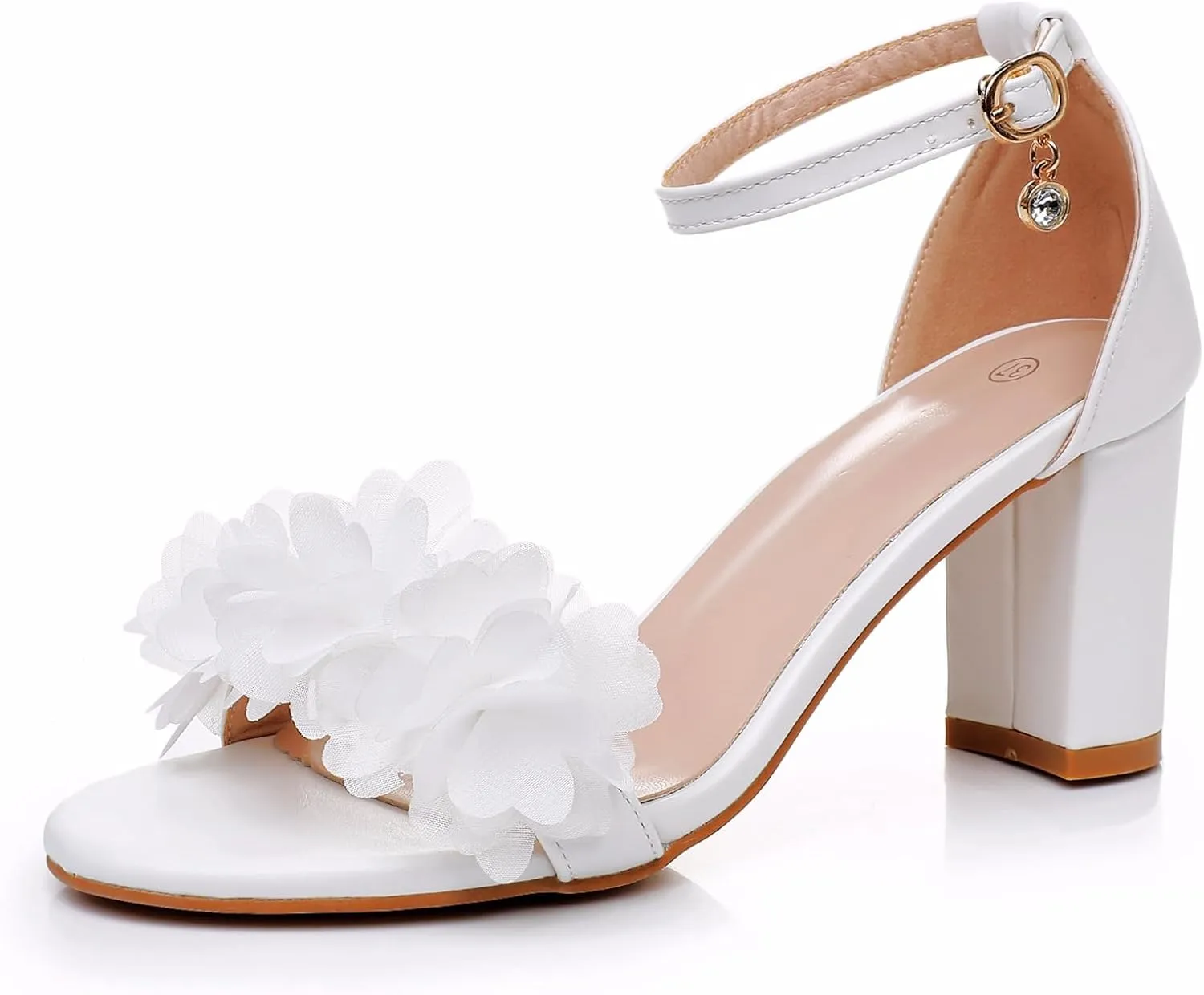 Crystal Queen 3 Inches Block Heel Sandals Chunky High Heels Sandals White Flowers Bridal Wedding Shoes White Ivory Wedding Sandals Pump Heels For Bride