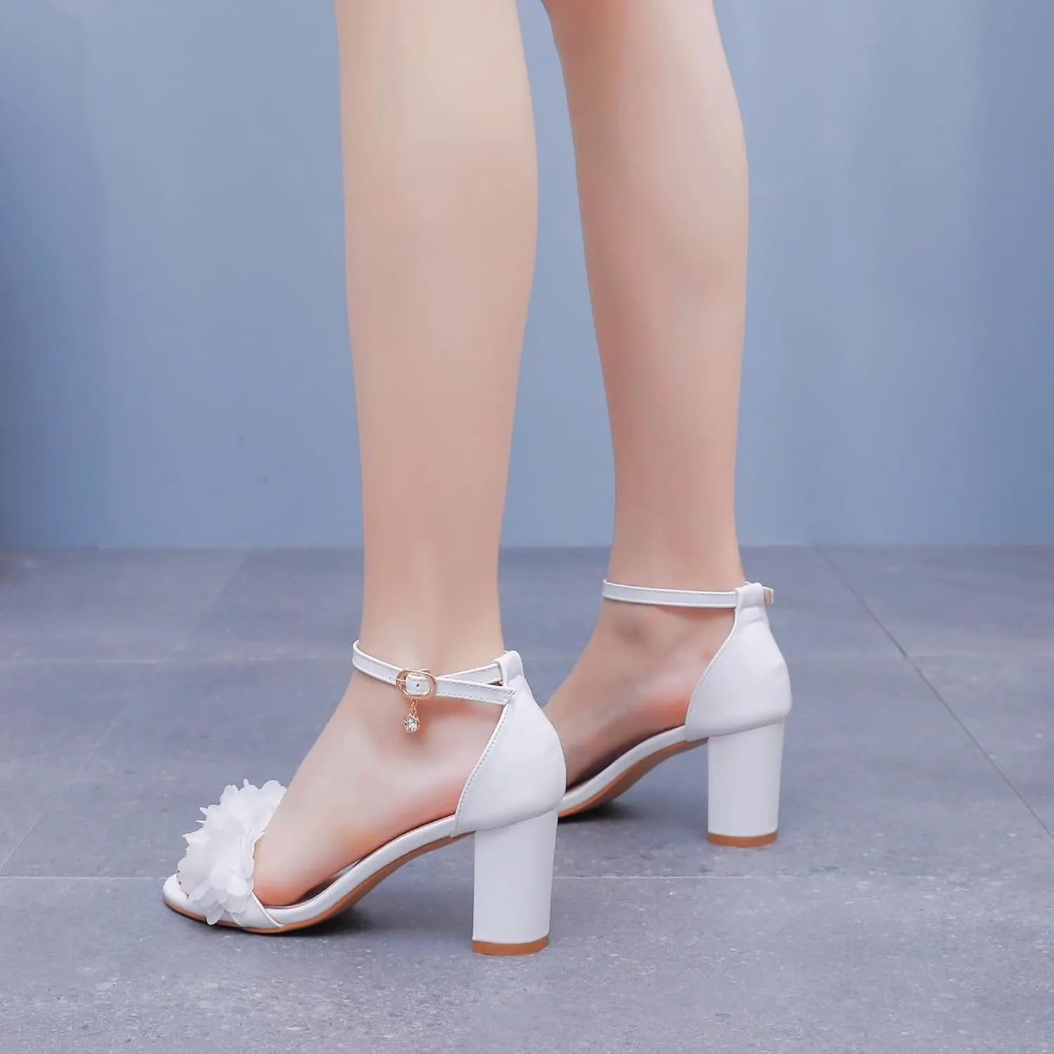 Crystal Queen 3 Inches Block Heel Sandals Chunky High Heels Sandals White Flowers Bridal Wedding Shoes White Ivory Wedding Sandals Pump Heels For Bride