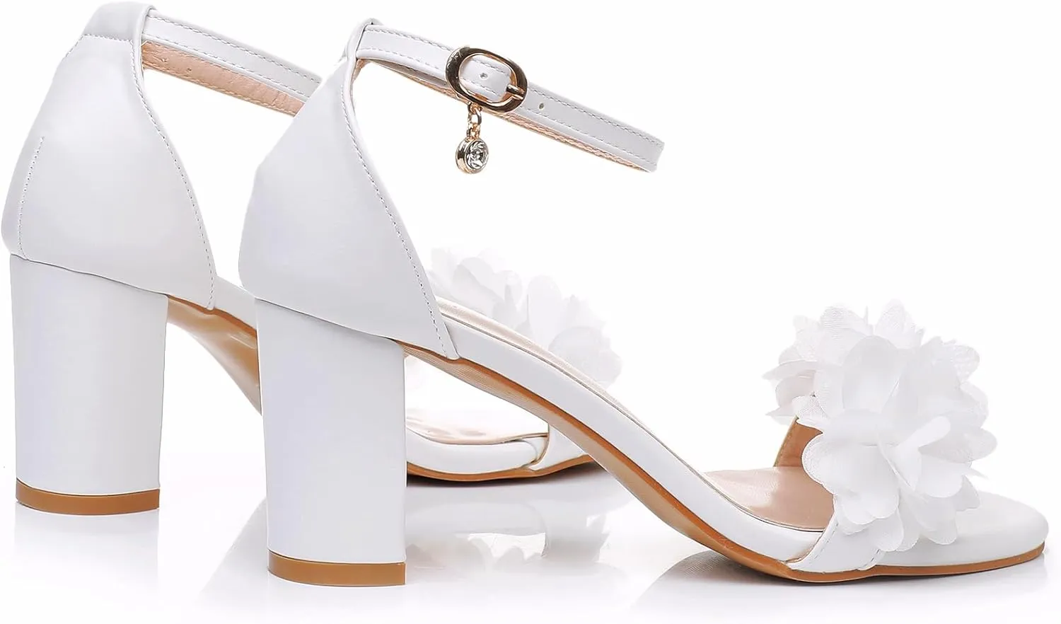 Crystal Queen 3 Inches Block Heel Sandals Chunky High Heels Sandals White Flowers Bridal Wedding Shoes White Ivory Wedding Sandals Pump Heels For Bride