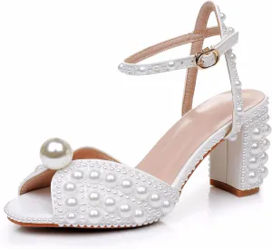 Crystal Queen Ivory Pearls Block Heel Sandals Chunky High Heels Peep Toe Sandals White Pearls Bridal Wedding Shoes Evening Wedding Sandals Pump Heels For Bride
