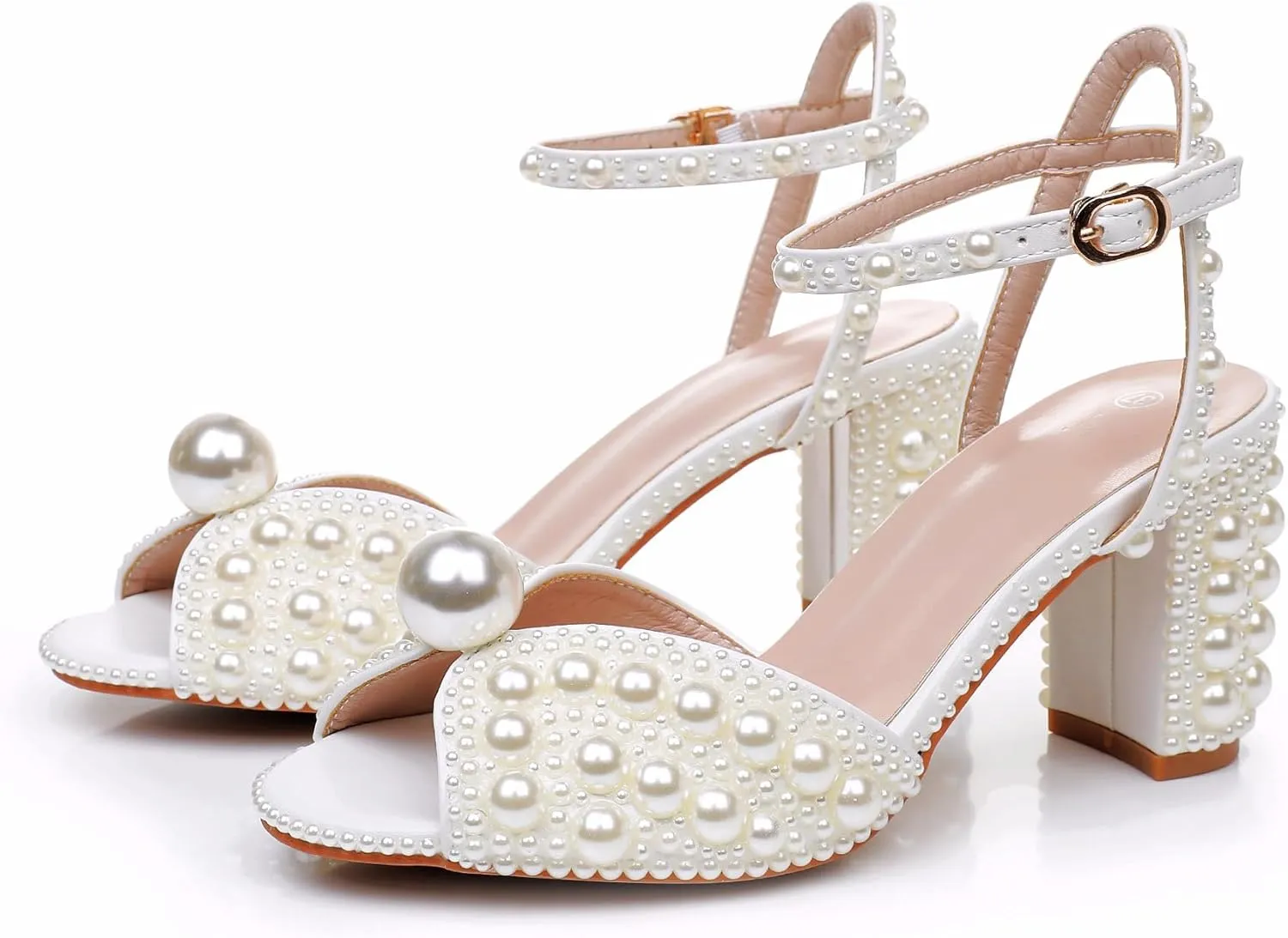 Crystal Queen Ivory Pearls Block Heel Sandals Chunky High Heels Peep Toe Sandals White Pearls Bridal Wedding Shoes Evening Wedding Sandals Pump Heels For Bride