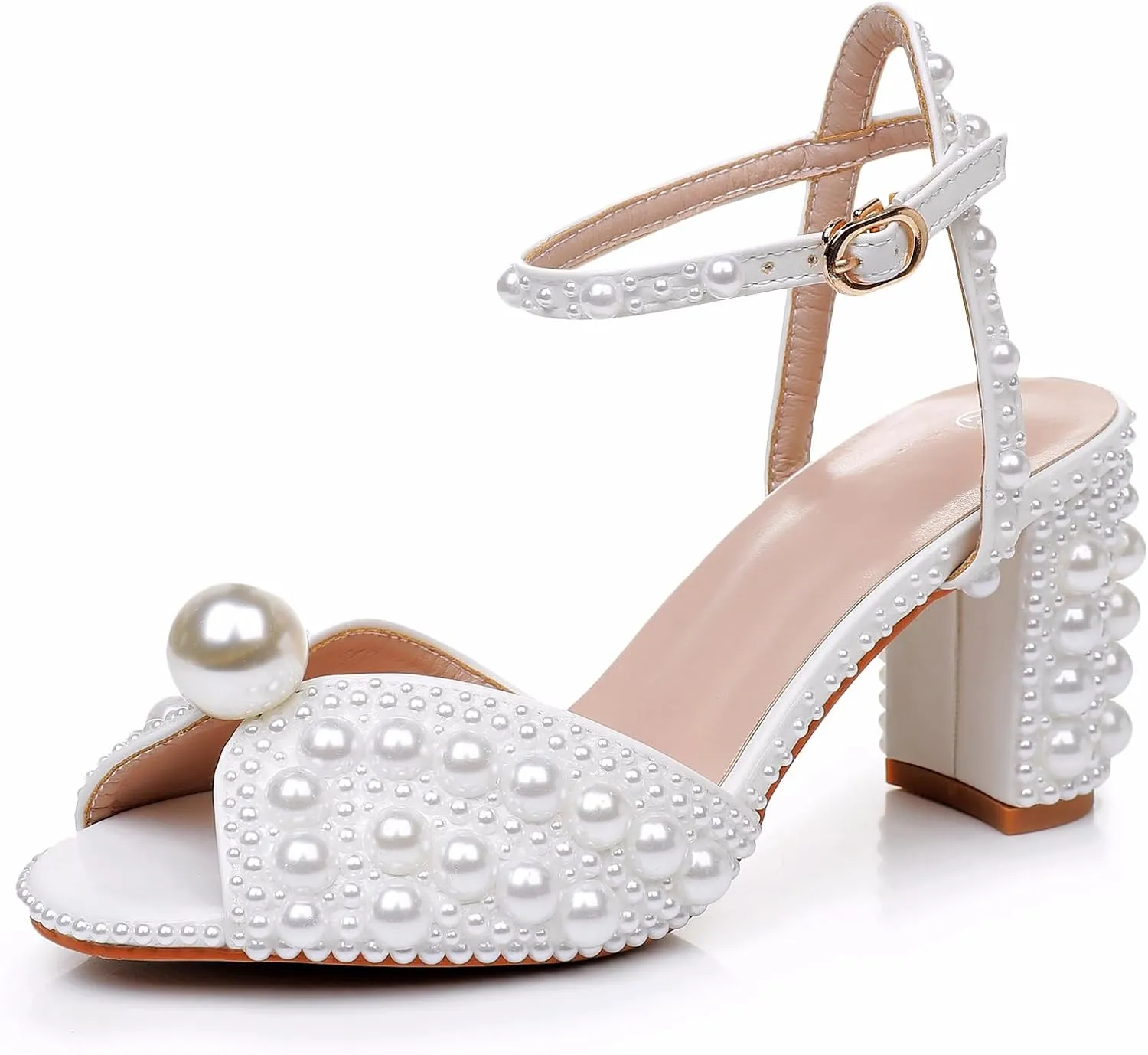 Crystal Queen Ivory Pearls Block Heel Sandals Chunky High Heels Peep Toe Sandals White Pearls Bridal Wedding Shoes Evening Wedding Sandals Pump Heels For Bride