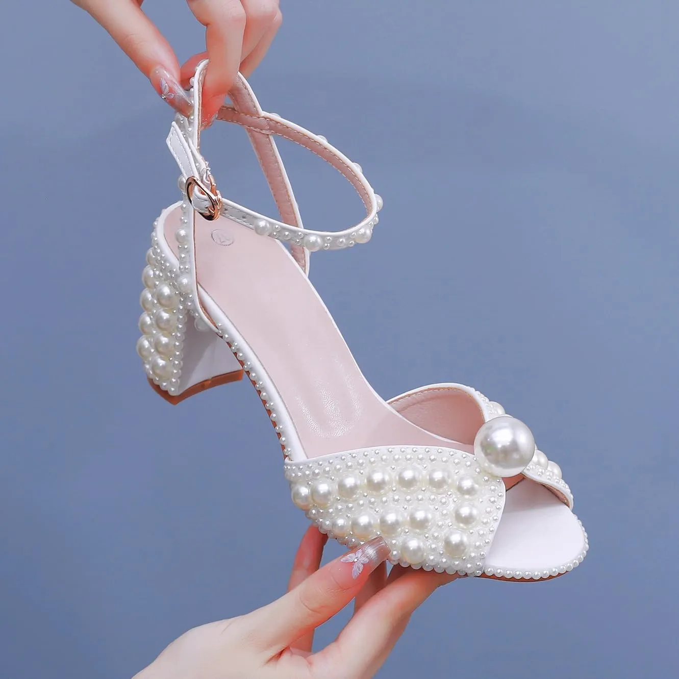 Crystal Queen Ivory Pearls Block Heel Sandals Chunky High Heels Peep Toe Sandals White Pearls Bridal Wedding Shoes Evening Wedding Sandals Pump Heels For Bride