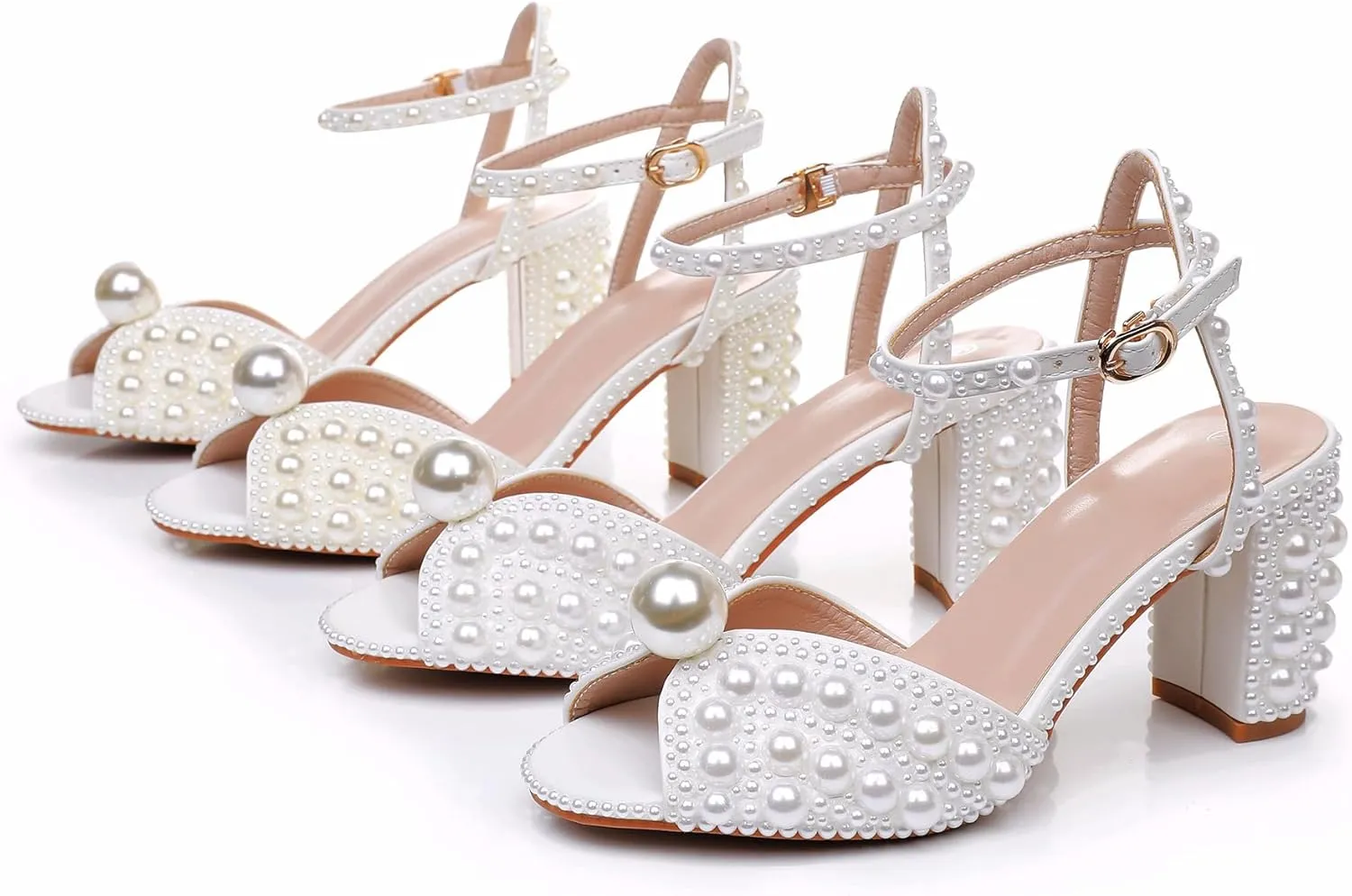 Crystal Queen Ivory Pearls Block Heel Sandals Chunky High Heels Peep Toe Sandals White Pearls Bridal Wedding Shoes Evening Wedding Sandals Pump Heels For Bride