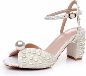 Crystal Queen Ivory Pearls Block Heel Sandals Chunky High Heels Peep Toe Sandals White Pearls Bridal Wedding Shoes Evening Wedding Sandals Pump Heels For Bride