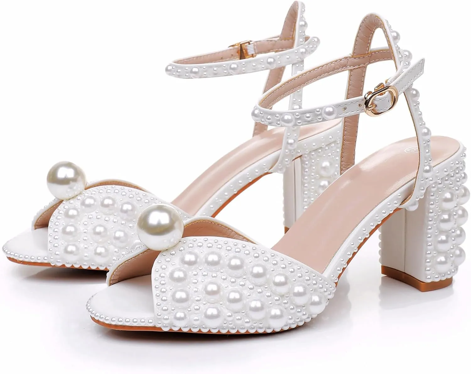 Crystal Queen Ivory Pearls Block Heel Sandals Chunky High Heels Peep Toe Sandals White Pearls Bridal Wedding Shoes Evening Wedding Sandals Pump Heels For Bride