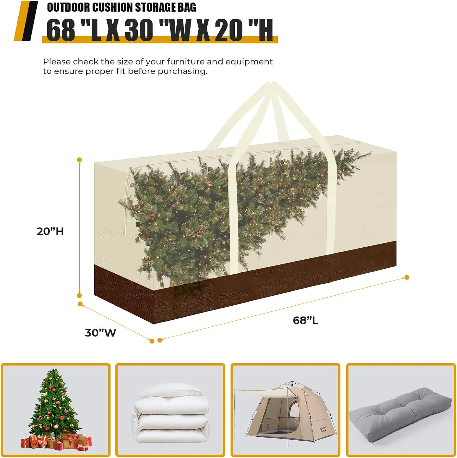 Cushion Storage Bag - 420D Waterproof, 68" L x 30" W x 20" H, Large Patio Cushion Storage with Handle and Zipper, Beige&Coffee