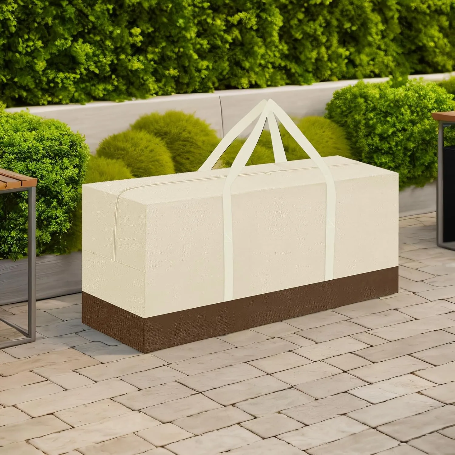 Cushion Storage Bag - 420D Waterproof, 68" L x 30" W x 20" H, Large Patio Cushion Storage with Handle and Zipper, Beige&Coffee
