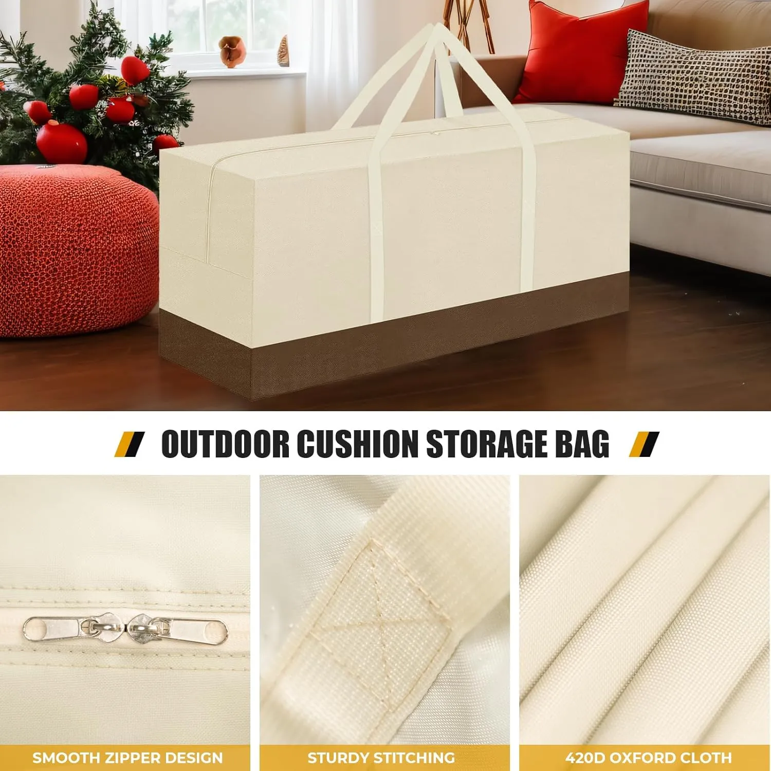 Cushion Storage Bag - 420D Waterproof, 68" L x 30" W x 20" H, Large Patio Cushion Storage with Handle and Zipper, Beige&Coffee