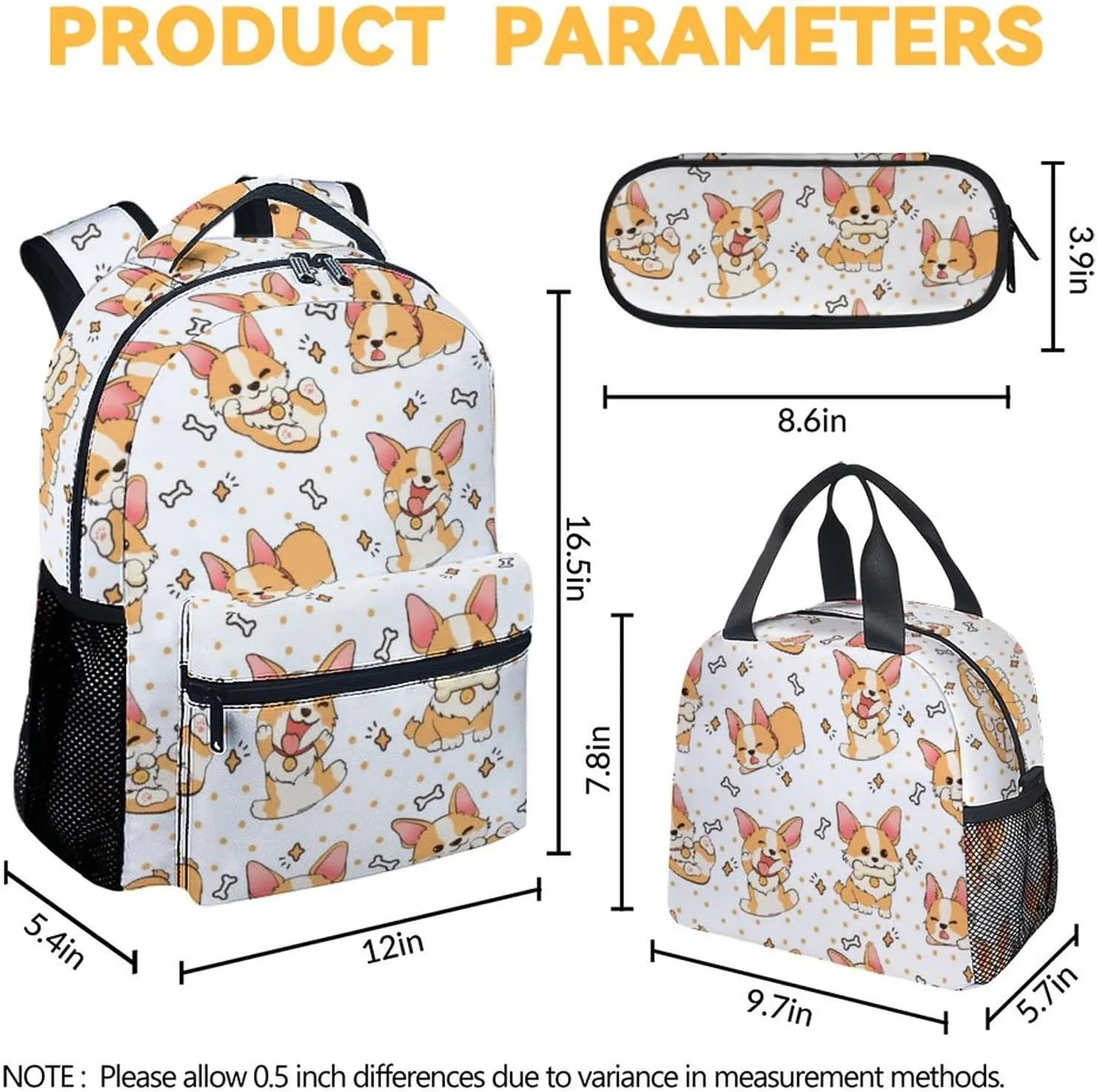 Cute Corgi Backpack with Lunch Box And Pencil Case, 16 Inch Dog Theme Bookbag with Adjustable Straps, Durable, Lightweight, Large Capacity, School Backpack for Kids Girls Boys