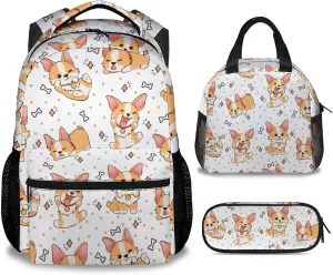 Cute Corgi Backpack with Lunch Box And Pencil Case, 16 Inch Dog Theme Bookbag with Adjustable Straps, Durable, Lightweight, Large Capacity, School Backpack for Kids Girls Boys