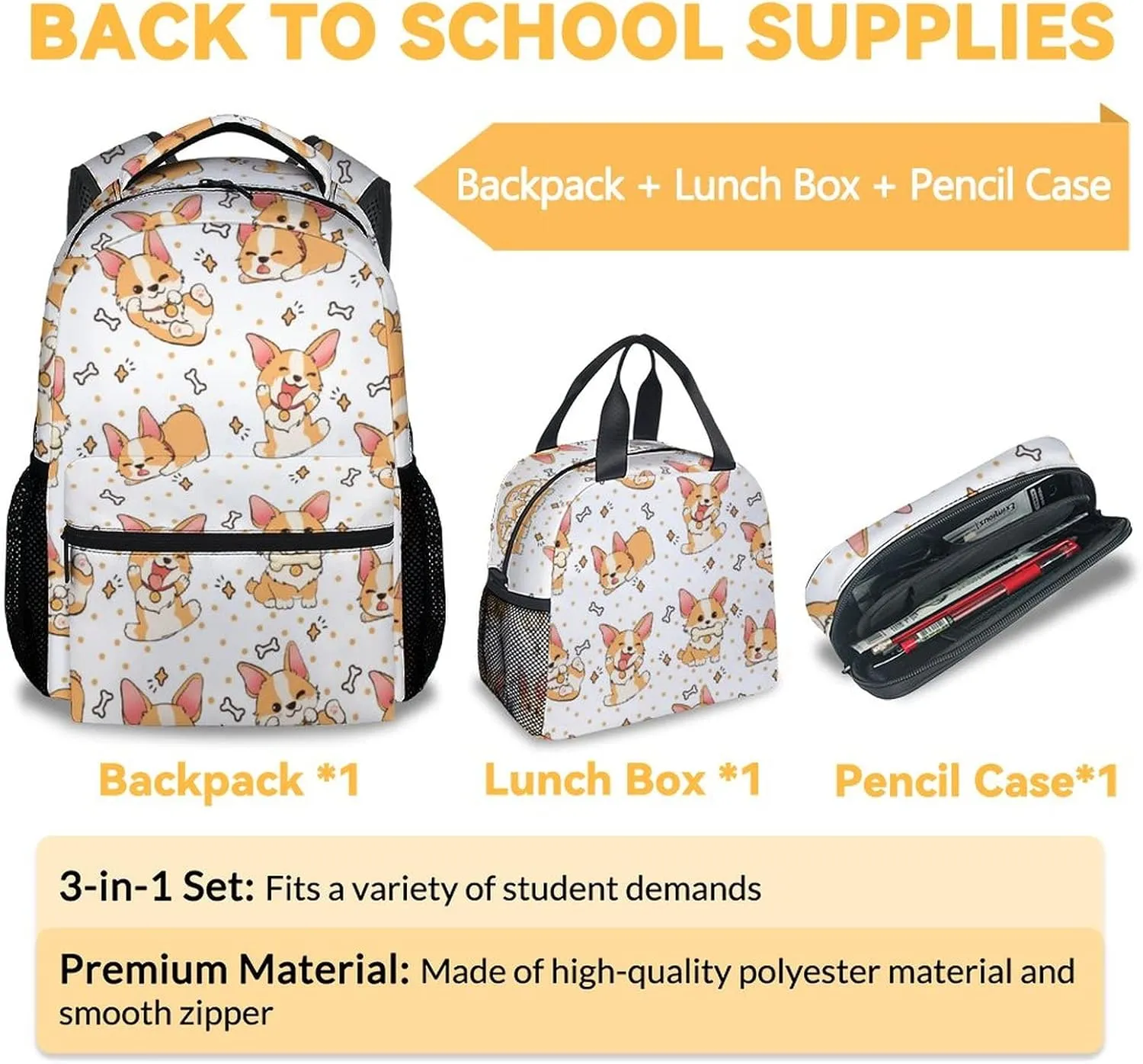 Cute Corgi Backpack with Lunch Box And Pencil Case, 16 Inch Dog Theme Bookbag with Adjustable Straps, Durable, Lightweight, Large Capacity, School Backpack for Kids Girls Boys
