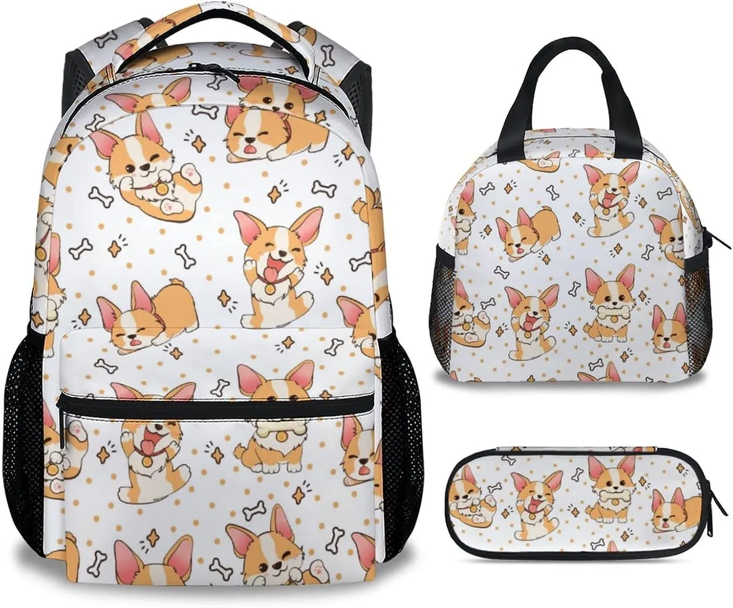 Cute Corgi Backpack with Lunch Box And Pencil Case, 16 Inch Dog Theme Bookbag with Adjustable Straps, Durable, Lightweight, Large Capacity, School Backpack for Kids Girls Boys