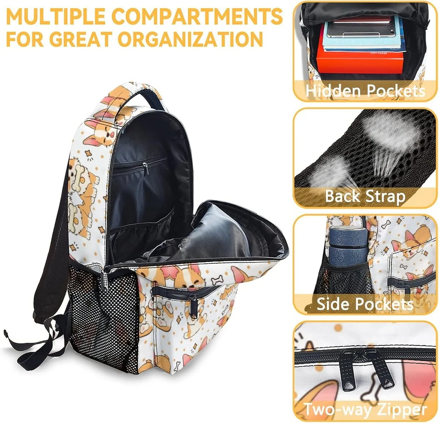 Cute Corgi Backpack with Lunch Box And Pencil Case, 16 Inch Dog Theme Bookbag with Adjustable Straps, Durable, Lightweight, Large Capacity, School Backpack for Kids Girls Boys
