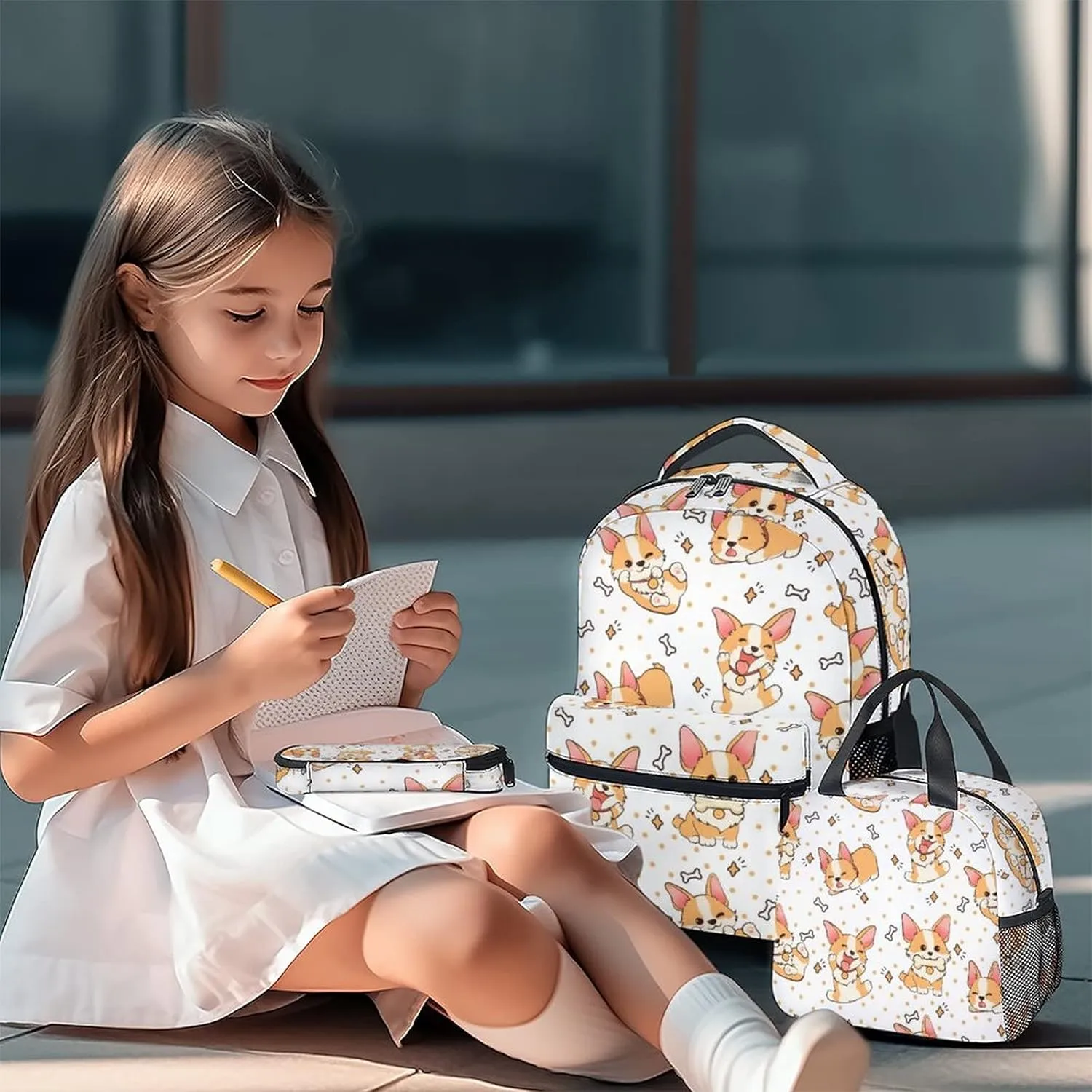 Cute Corgi Backpack with Lunch Box And Pencil Case, 16 Inch Dog Theme Bookbag with Adjustable Straps, Durable, Lightweight, Large Capacity, School Backpack for Kids Girls Boys