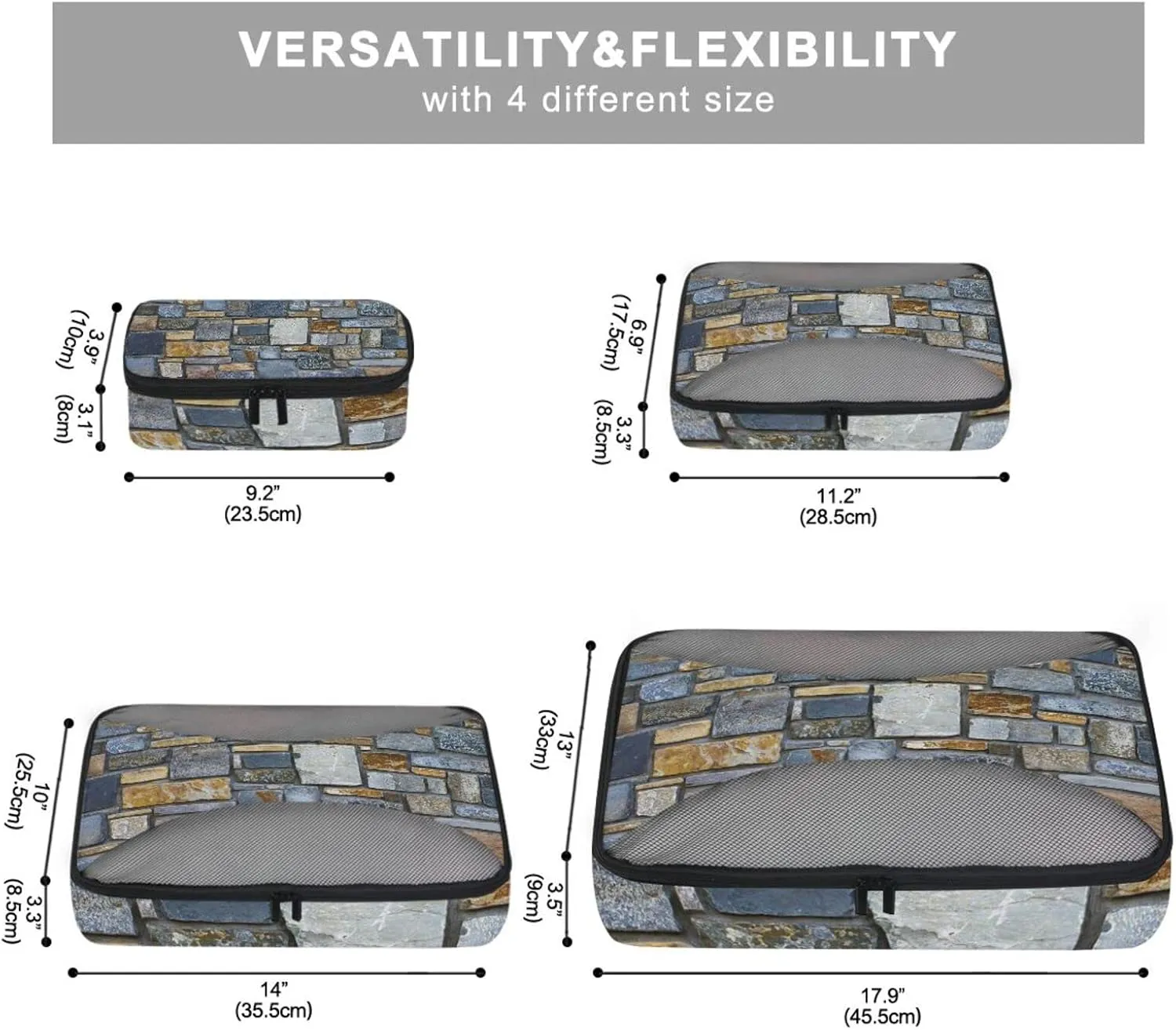 Decorative Wall Made of Stones 4 PCs Set Packing Bags, Luggage Organizer Bag, Portable Cube Toiletry bag, Durable Travel Cosmetic Storage Bag for Men Women