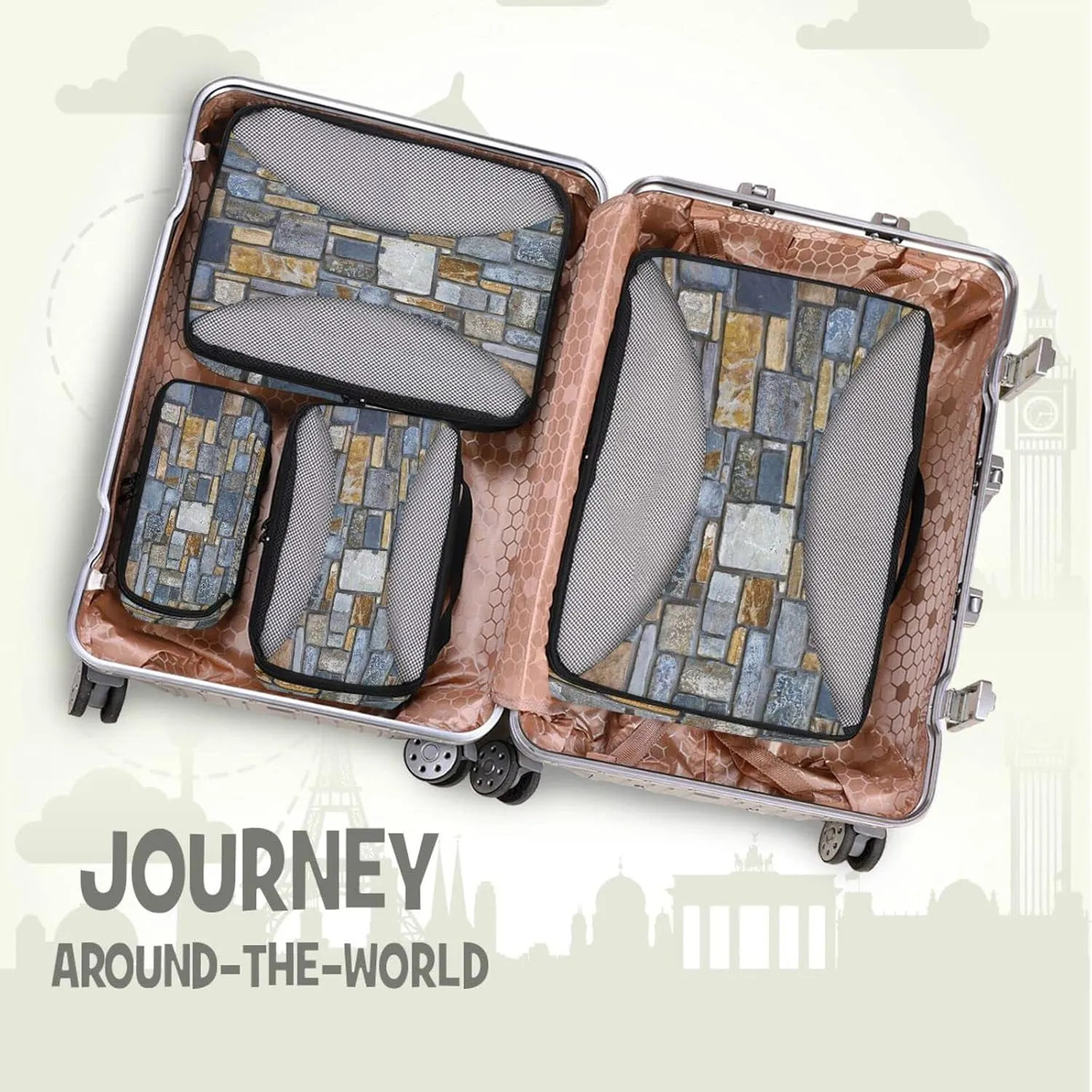 Decorative Wall Made of Stones 4 PCs Set Packing Bags, Luggage Organizer Bag, Portable Cube Toiletry bag, Durable Travel Cosmetic Storage Bag for Men Women