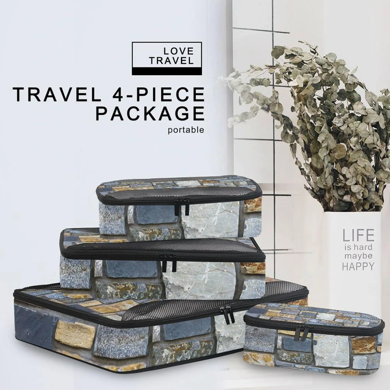 Decorative Wall Made of Stones 4 PCs Set Packing Bags, Luggage Organizer Bag, Portable Cube Toiletry bag, Durable Travel Cosmetic Storage Bag for Men Women