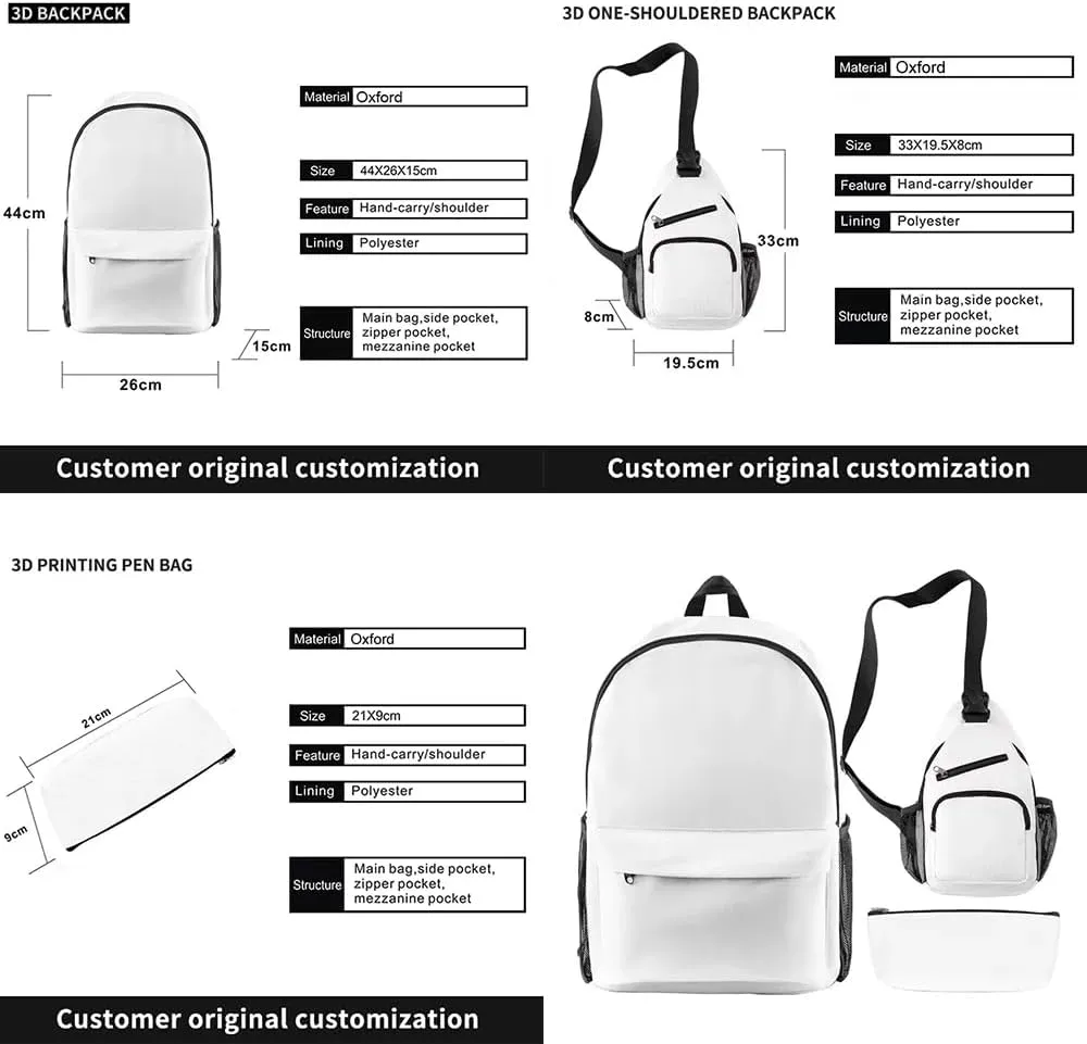 Destroy Lonely Backpack Three-piece Sets Casual Oxford Cloth Travel Bag Unisex Harajuku Stylish Shoulder Bag (YM8997A07,One size)