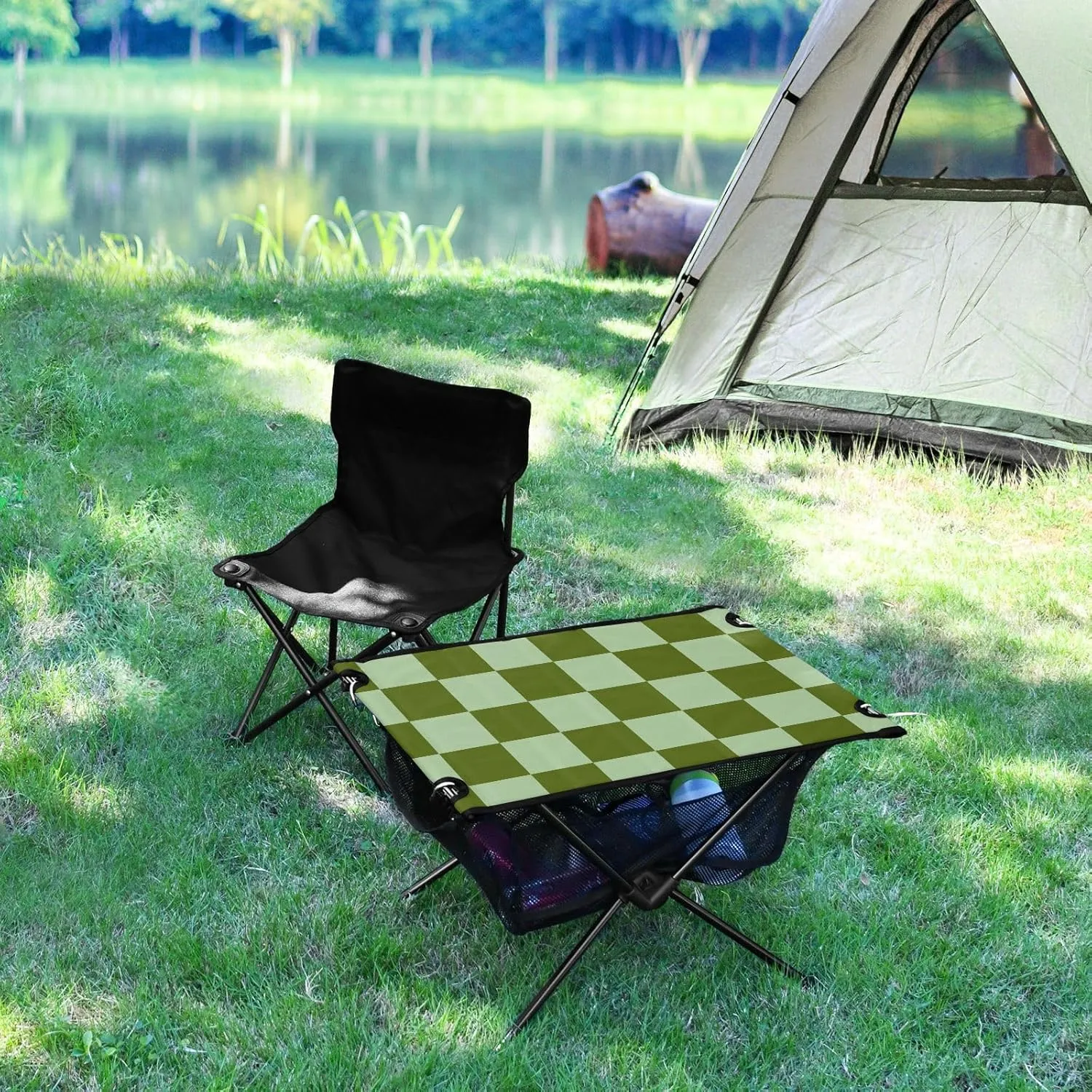 DOMIKING Checkerboard Green Plaid Portable Camping Table Folding Picnic Tables with Carrying Storage Bag Camp Table for Travel Hike Outdoor 23.6 * 15.6 * 15 in