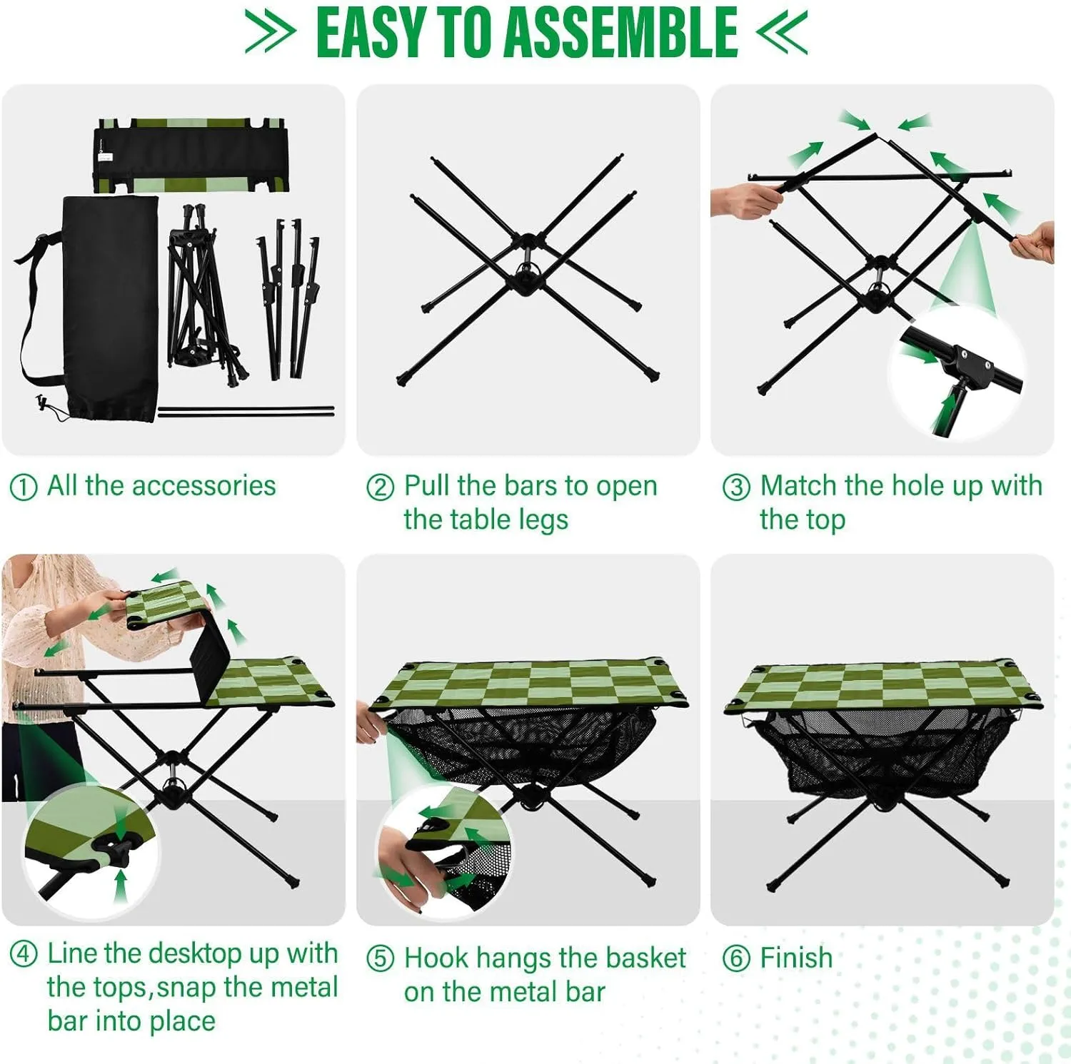 DOMIKING Checkerboard Green Plaid Portable Camping Table Folding Picnic Tables with Carrying Storage Bag Camp Table for Travel Hike Outdoor 23.6 * 15.6 * 15 in