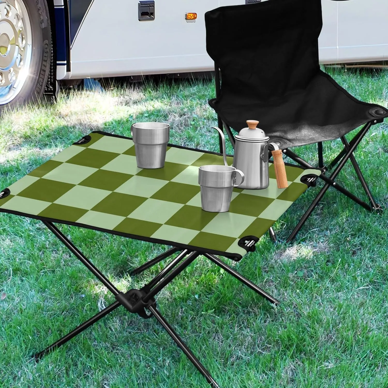 DOMIKING Checkerboard Green Plaid Portable Camping Table Folding Picnic Tables with Carrying Storage Bag Camp Table for Travel Hike Outdoor 23.6 * 15.6 * 15 in