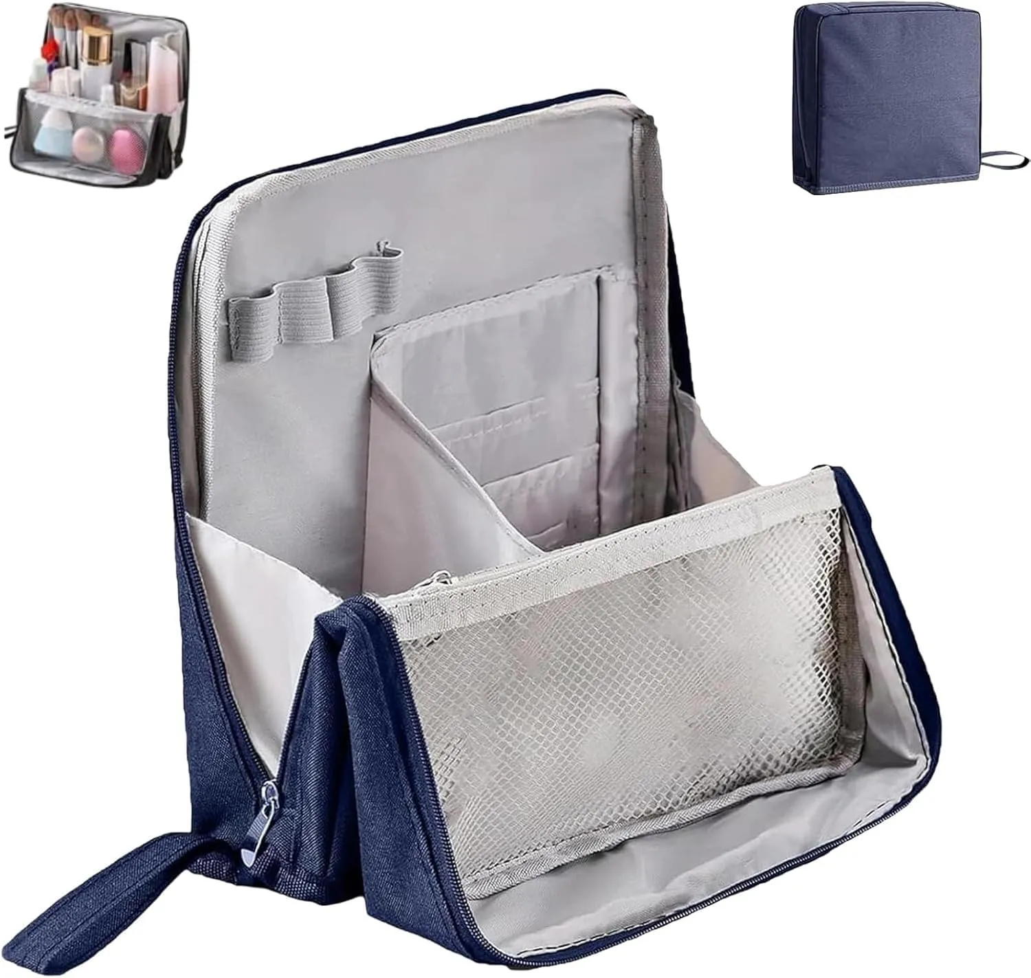 Doresty Makeup Bag, Standing Makeup Bag – Portable, Large Capacity, Multi-Purpose Large Capacity Oxford Cloth Standing MakeupBag with Compartments (Navy Blue)