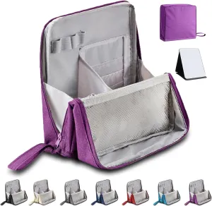 Doresty Makeup Bag, Standing Makeup Bag, Portable Large Capacity, Stand Up Make Up Bag with Mirror, Waterproof Oxford Cloth Cosmetic Organizer with Compartments, for Women & Girls (Purple)