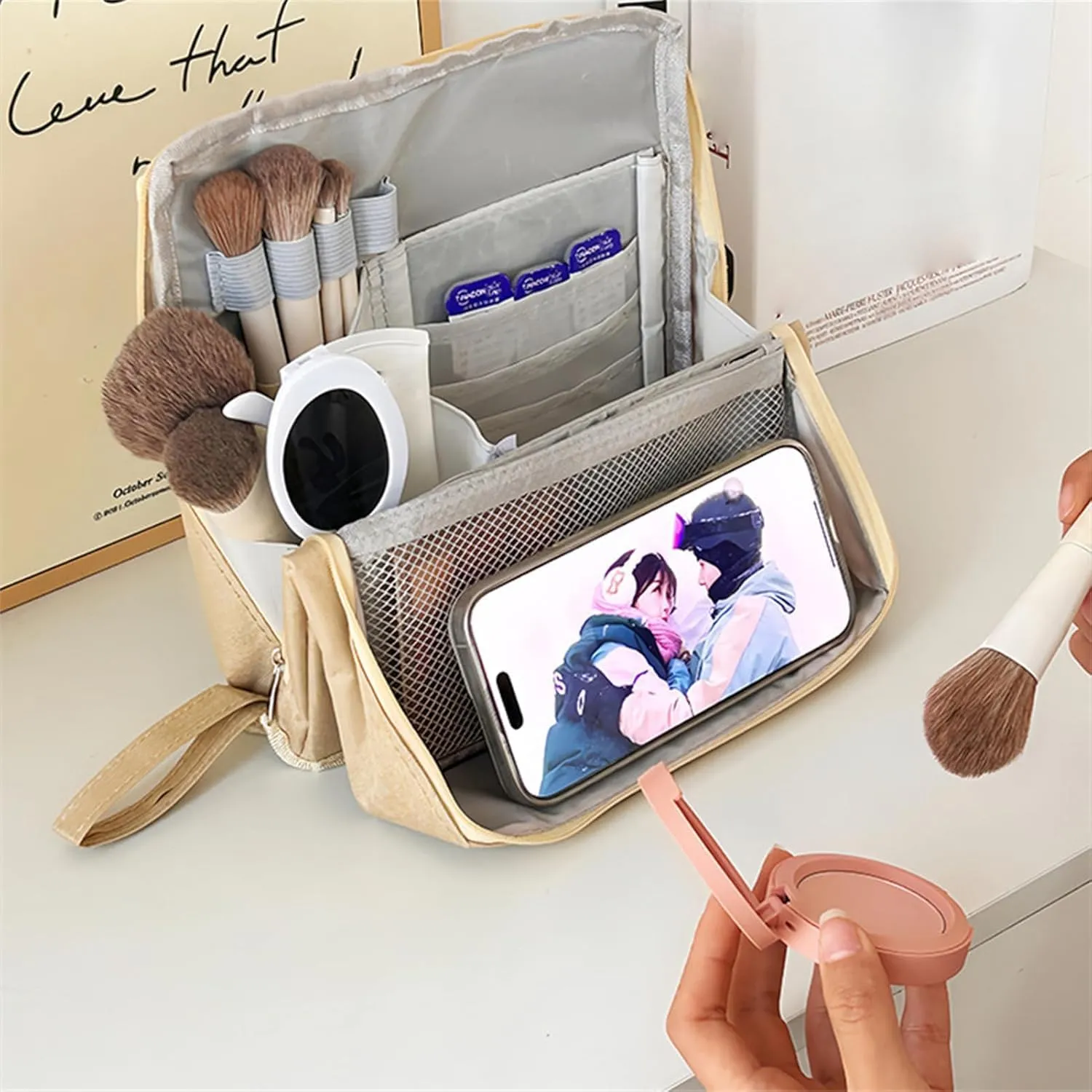 Doresty Makeup Bag, Standing Makeup Bag, Portable Large Capacity, Stand Up Make Up Bag with Mirror, Waterproof Oxford Cloth Cosmetic Organizer with Compartments, for Women & Girls (Purple)
