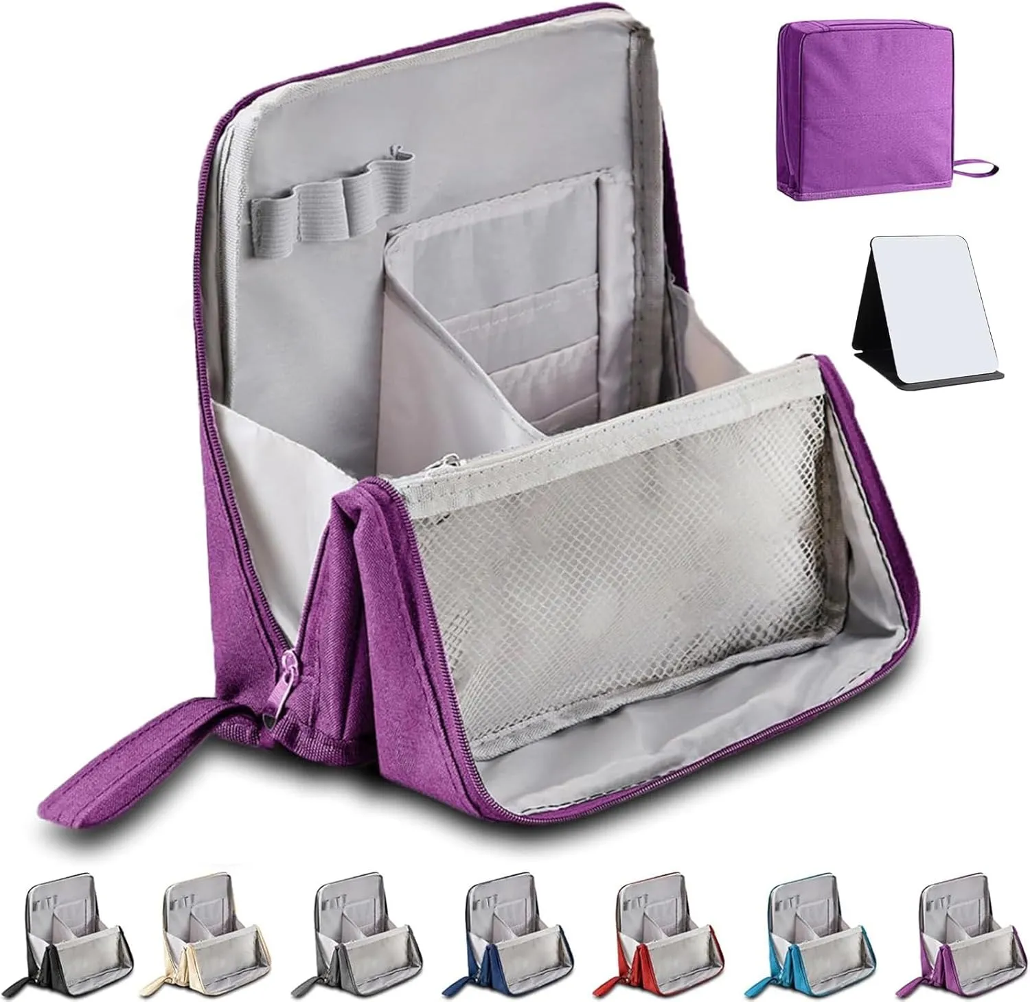 Doresty Makeup Bag, Standing Makeup Bag, Portable Large Capacity, Stand Up Make Up Bag with Mirror, Waterproof Oxford Cloth Cosmetic Organizer with Compartments, for Women & Girls (Purple)