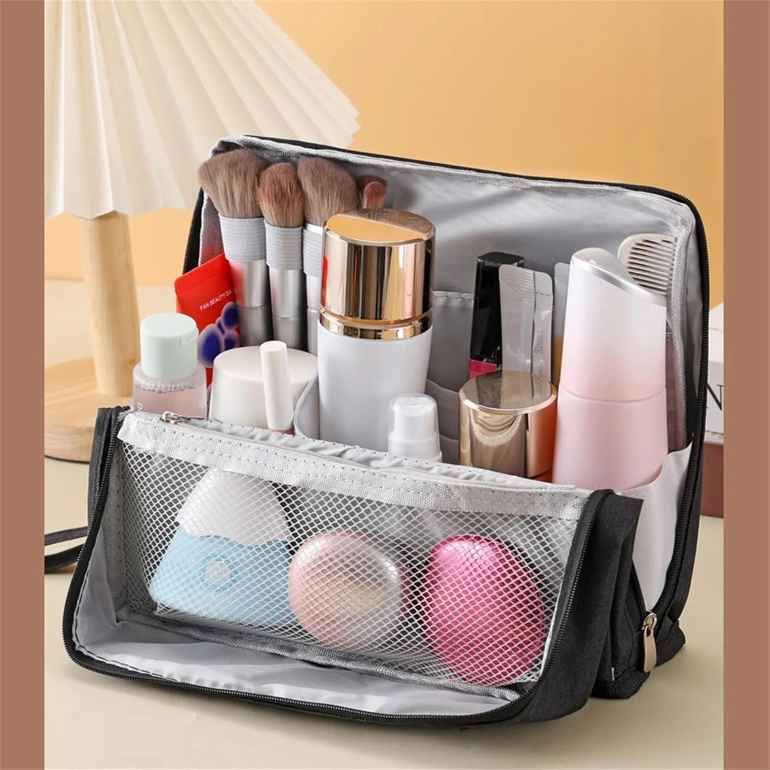 Doresty Makeup Bag, Standing Makeup Bag, Portable Large Capacity, Stand Up Make Up Bag with Mirror, Waterproof Oxford Cloth Cosmetic Organizer with Compartments, for Women & Girls (Purple)